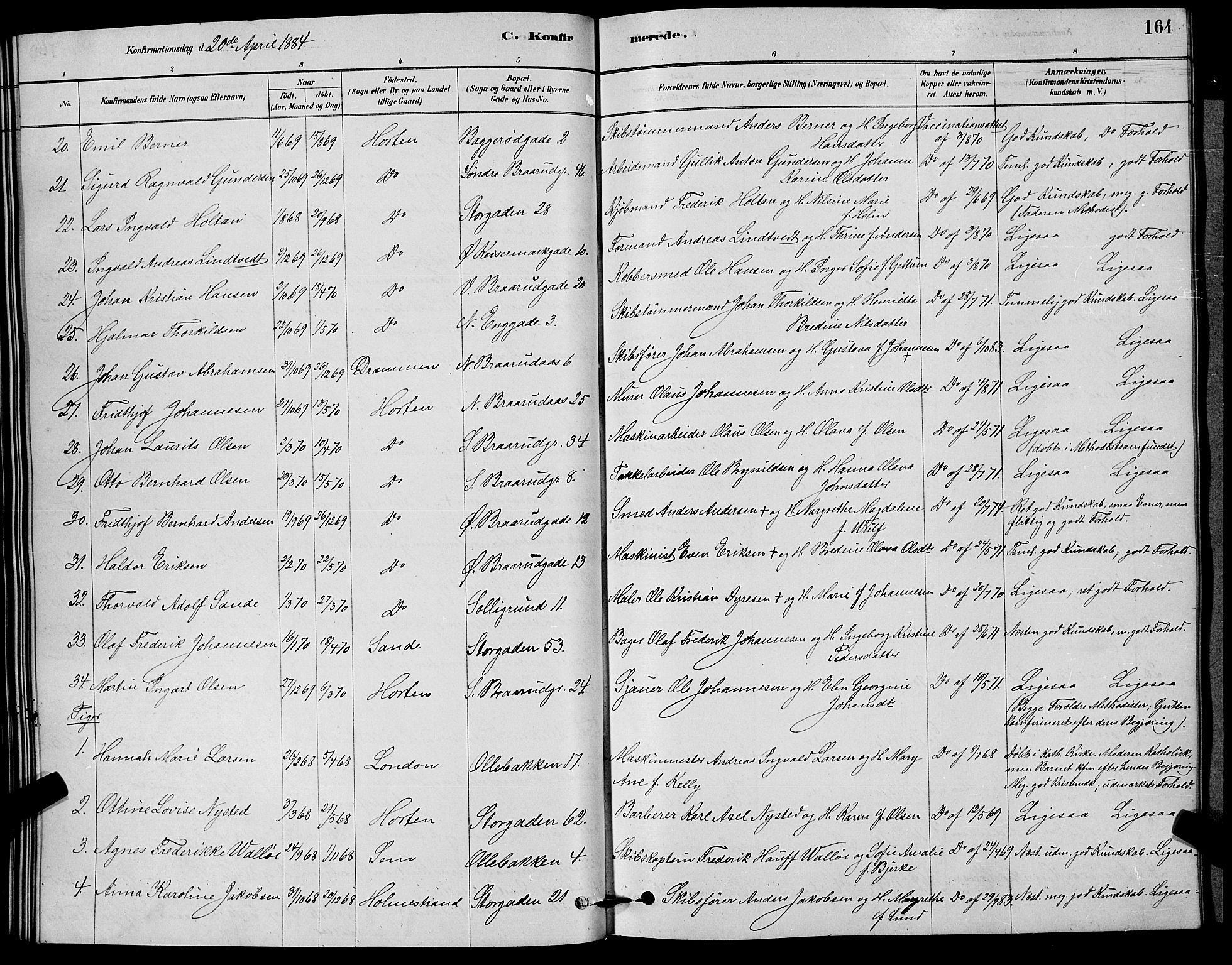 Horten kirkebøker, AV/SAKO-A-348/G/Ga/L0003: Parish register (copy) no. 4, 1878-1887, p. 164