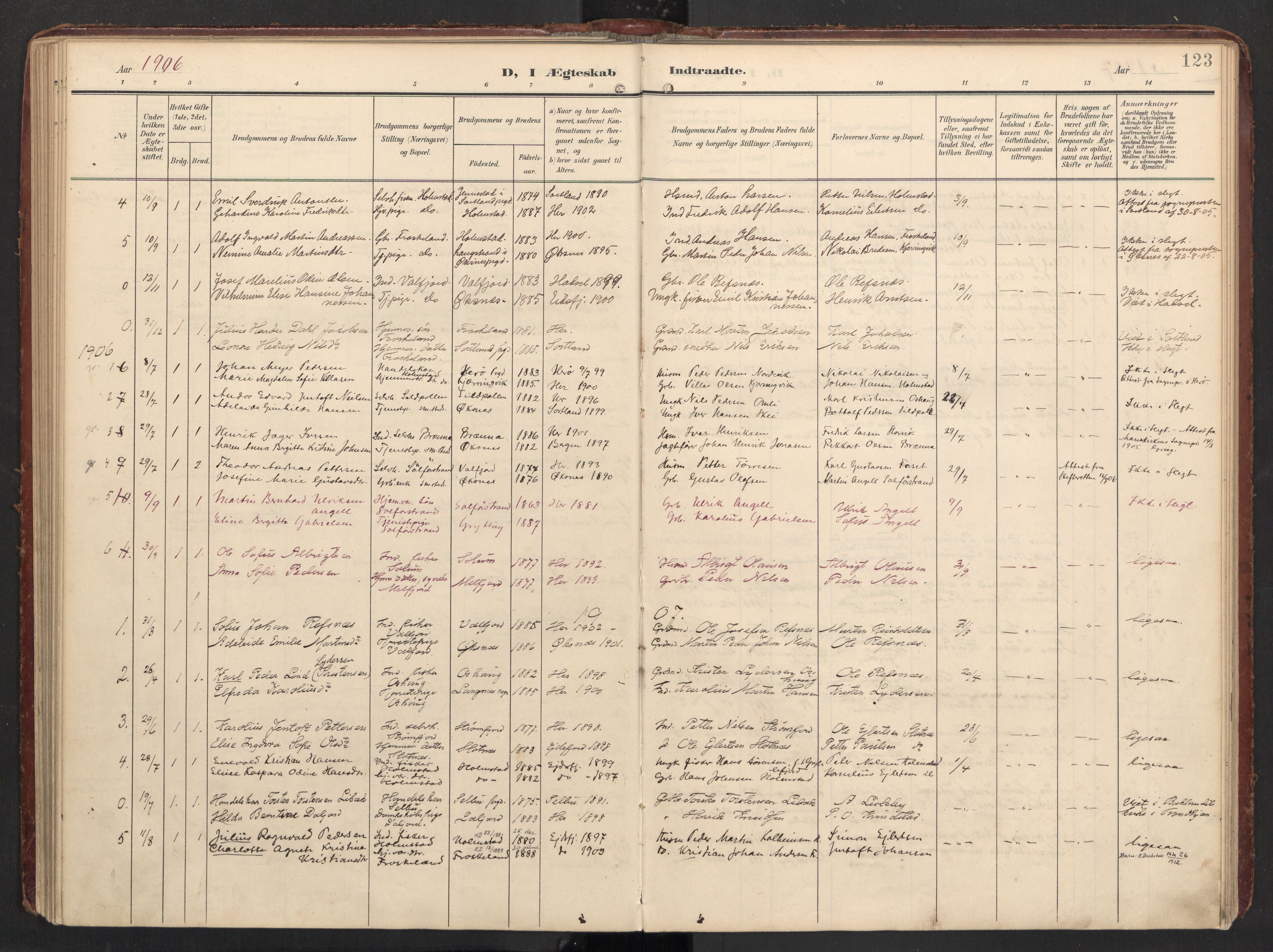 Ministerialprotokoller, klokkerbøker og fødselsregistre - Nordland, SAT/A-1459/890/L1287: Parish register (official) no. 890A02, 1903-1915, p. 123