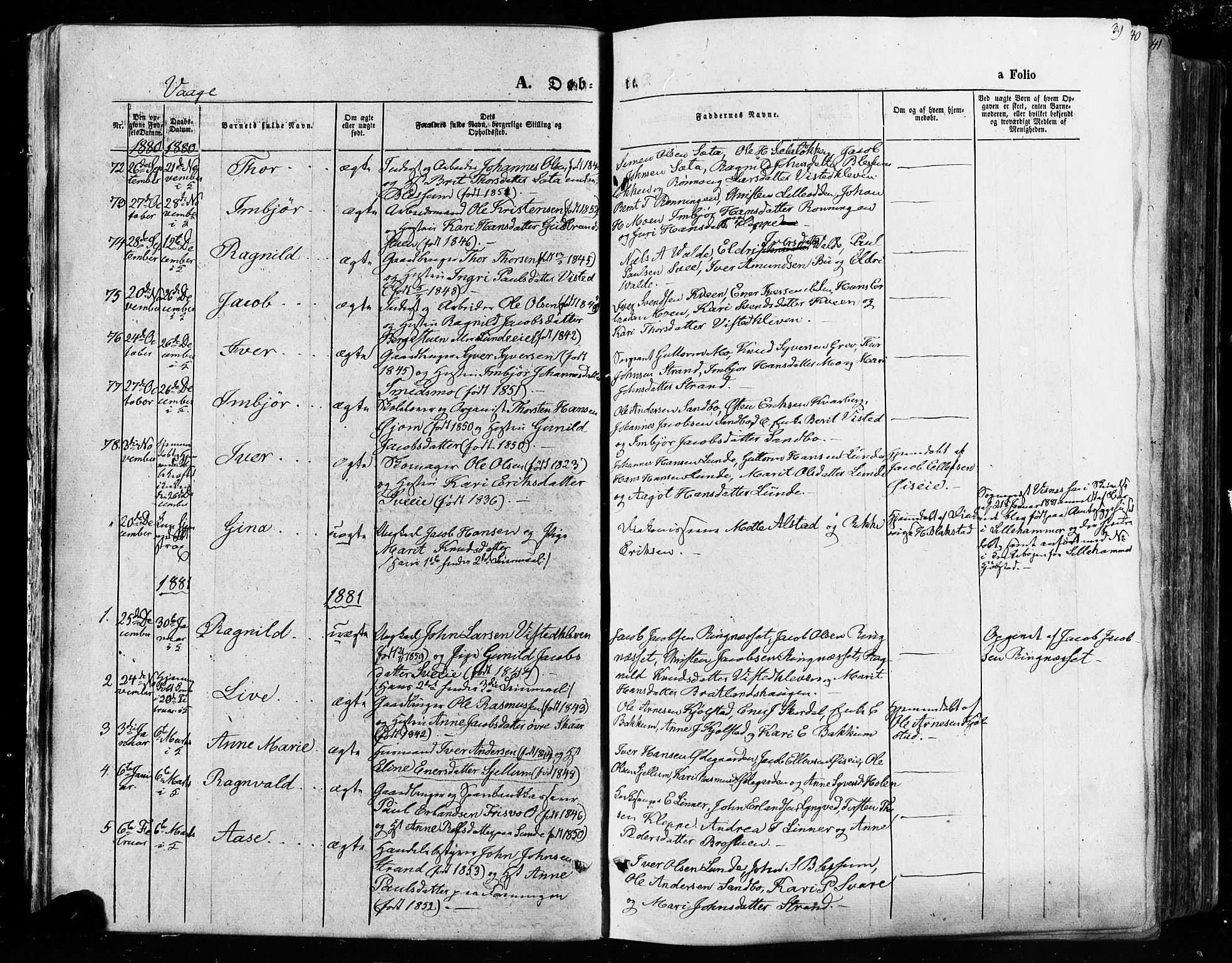 Vågå prestekontor, AV/SAH-PREST-076/H/Ha/Haa/L0007: Parish register (official) no. 7 /1, 1872-1886, p. 39