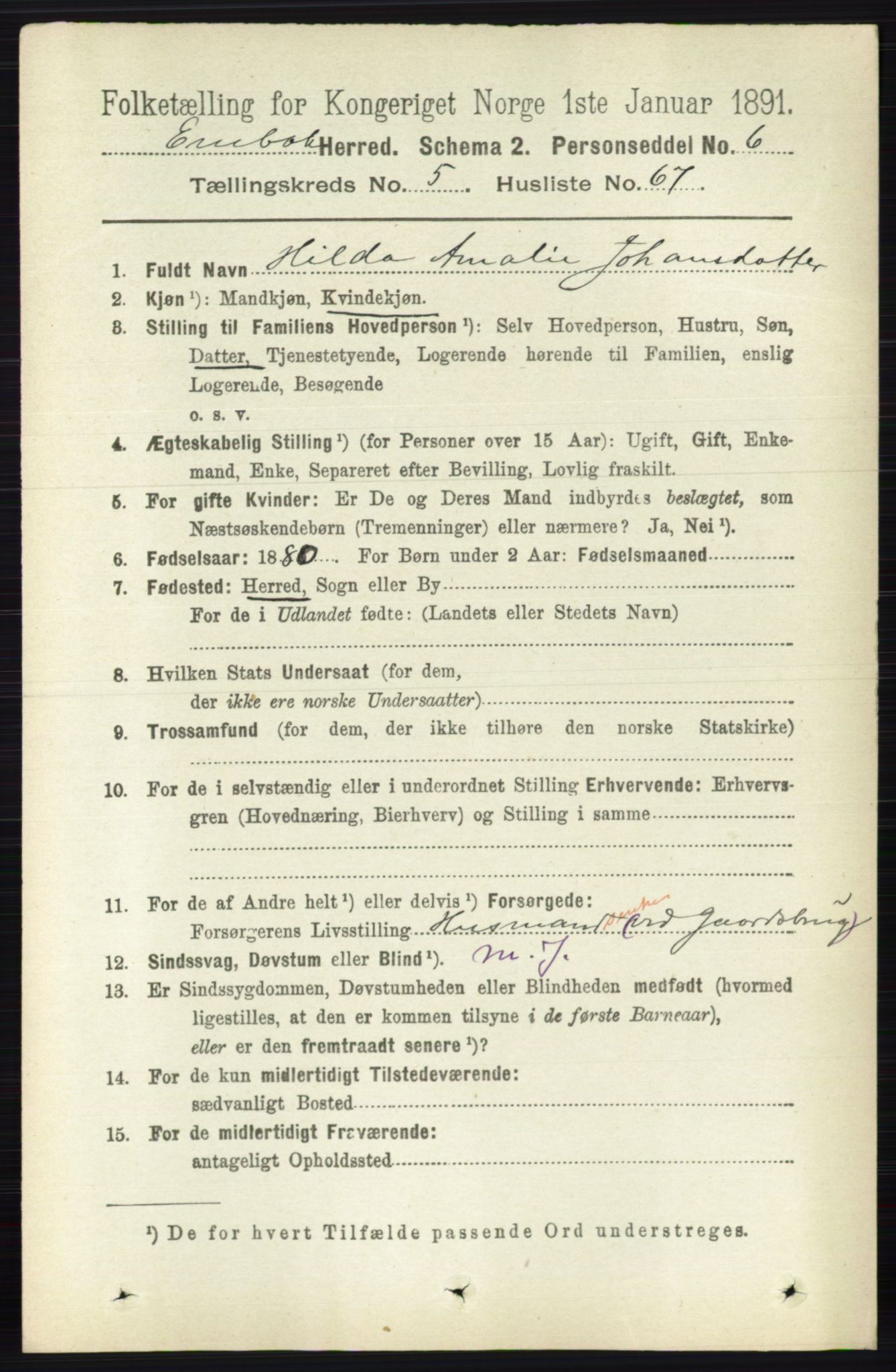 RA, 1891 census for 0229 Enebakk, 1891, p. 2398