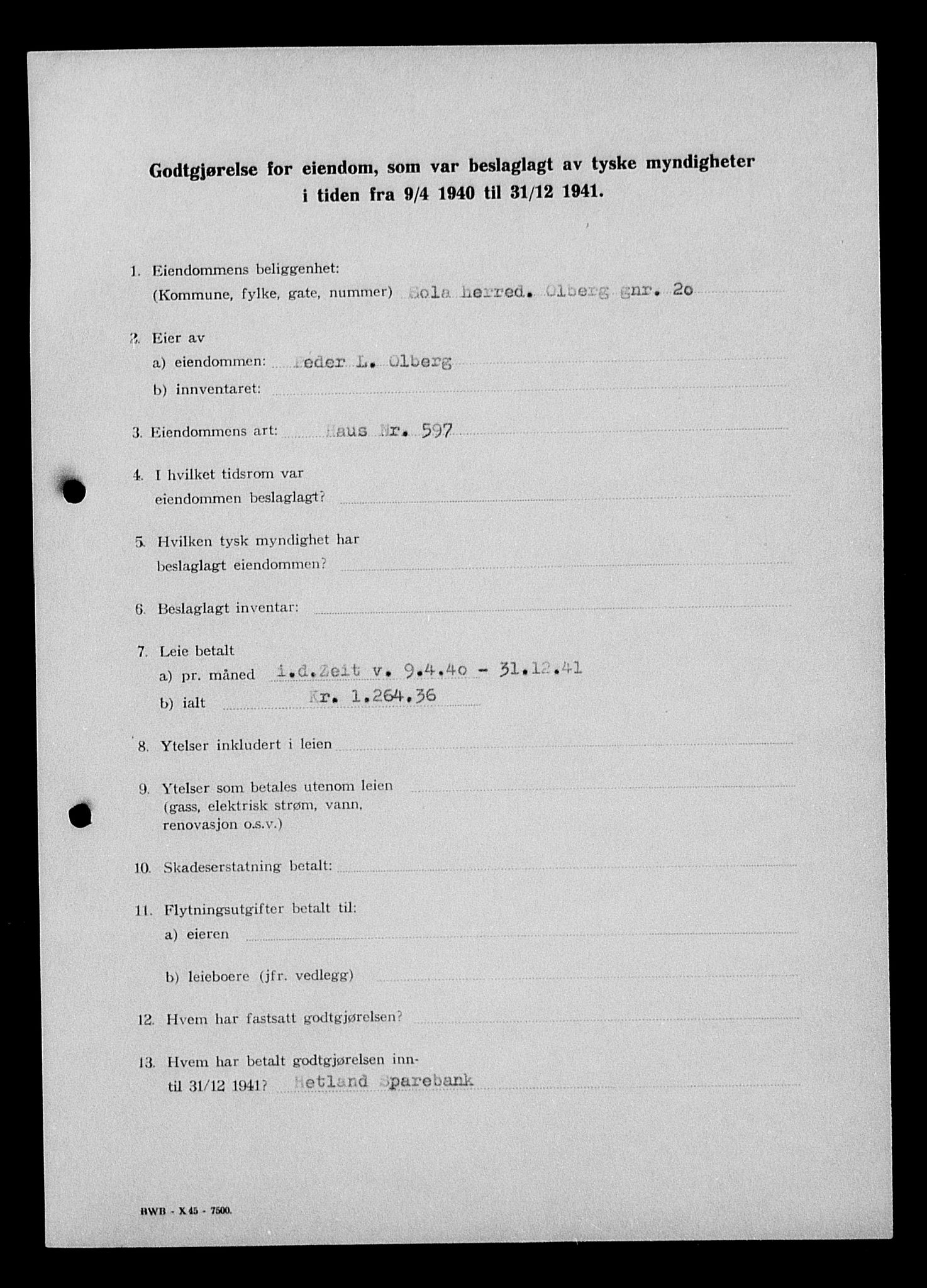 Justisdepartementet, Tilbakeføringskontoret for inndratte formuer, AV/RA-S-1564/I/L1015: Godtgjørelse for beslaglagt eiendom, 1940-1941, p. 35