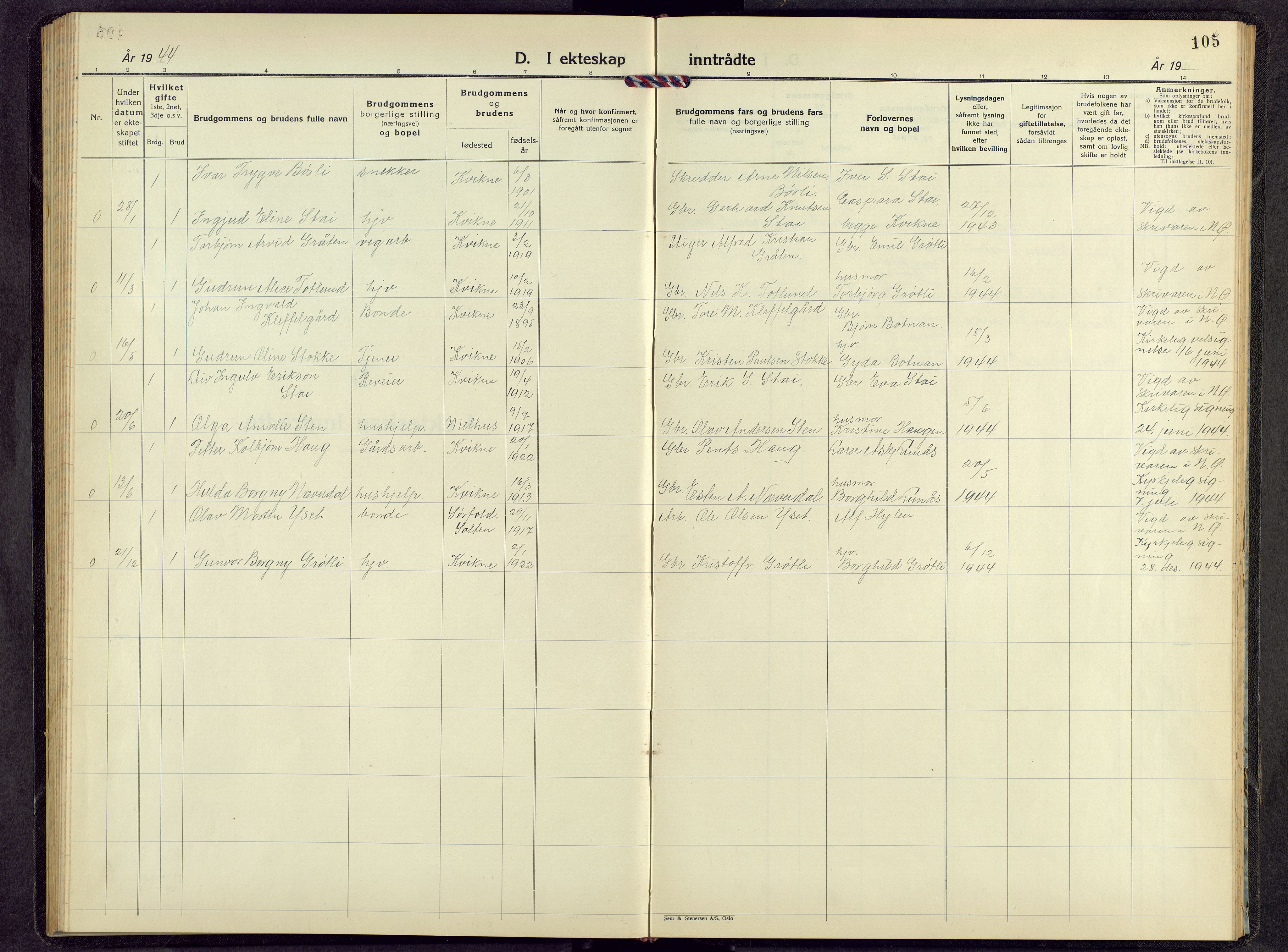 Kvikne prestekontor, AV/SAH-PREST-064/H/Ha/Hab/L0006: Parish register (copy) no. 6, 1944-1965, p. 105