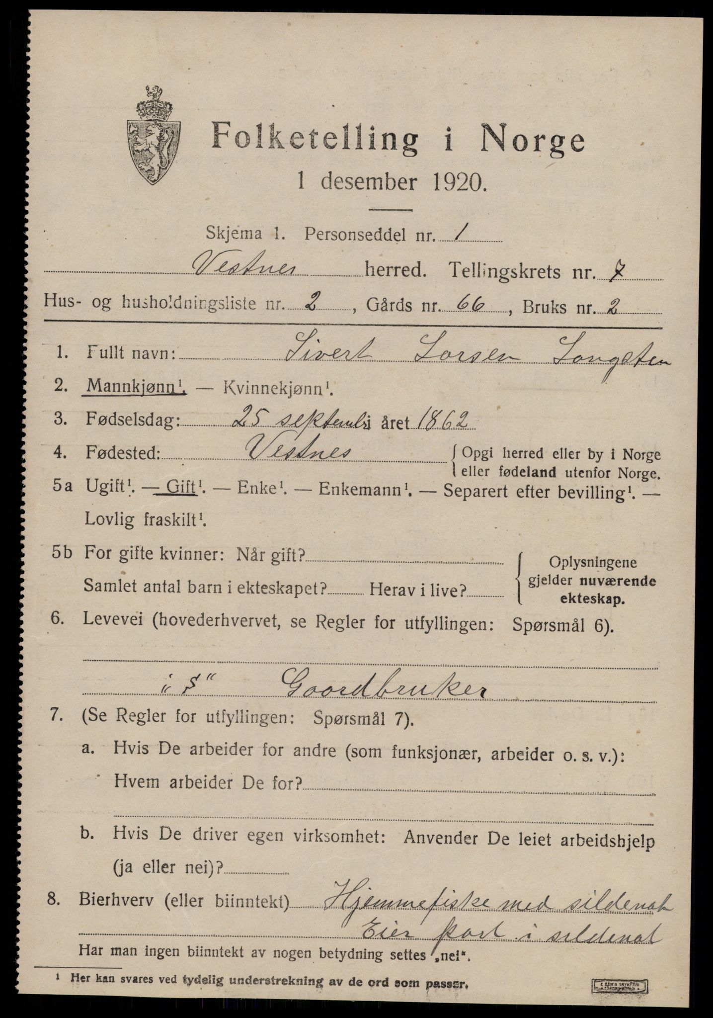 SAT, 1920 census for Vestnes, 1920, p. 5111