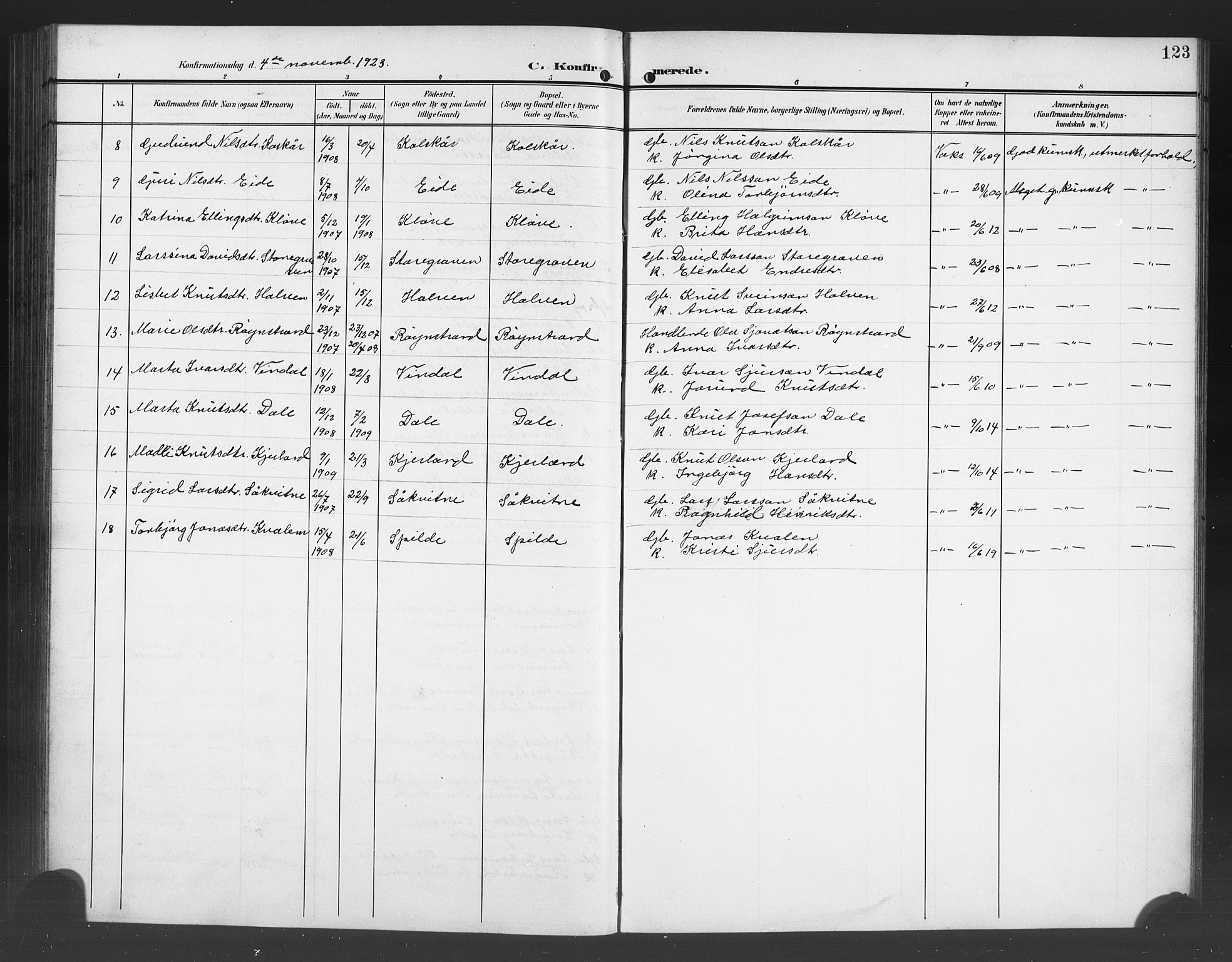 Ulvik sokneprestembete, SAB/A-78801/H/Hab: Parish register (copy) no. B 4, 1902-1923, p. 123