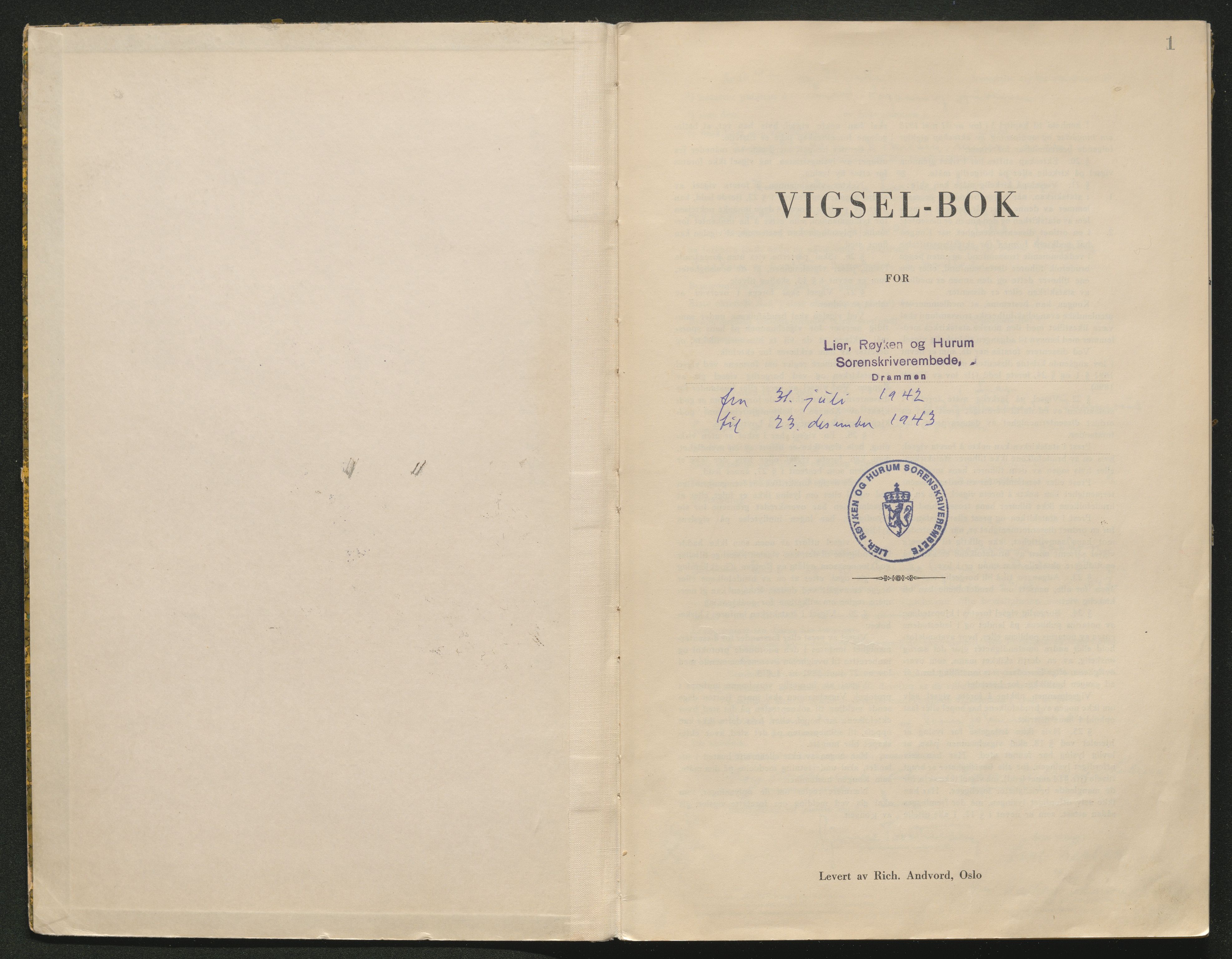 Lier, Røyken og Hurum sorenskriveri, SAKO/A-89/L/Lc/L0002: Vigselprotokoll, 1942-1943, p. 1