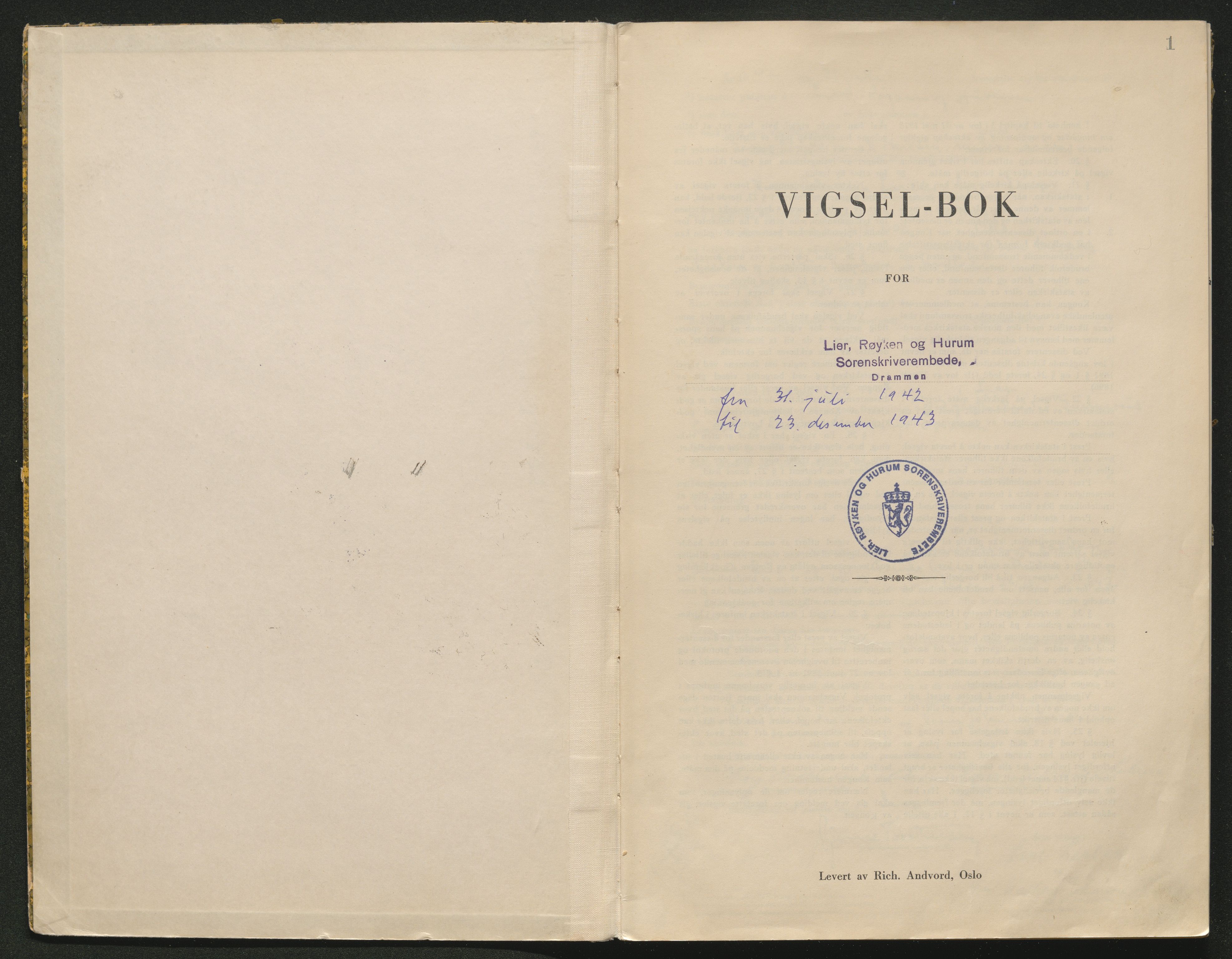 Lier, Røyken og Hurum sorenskriveri, AV/SAKO-A-89/L/Lc/L0002: Vigselprotokoll, 1942-1943, p. 1