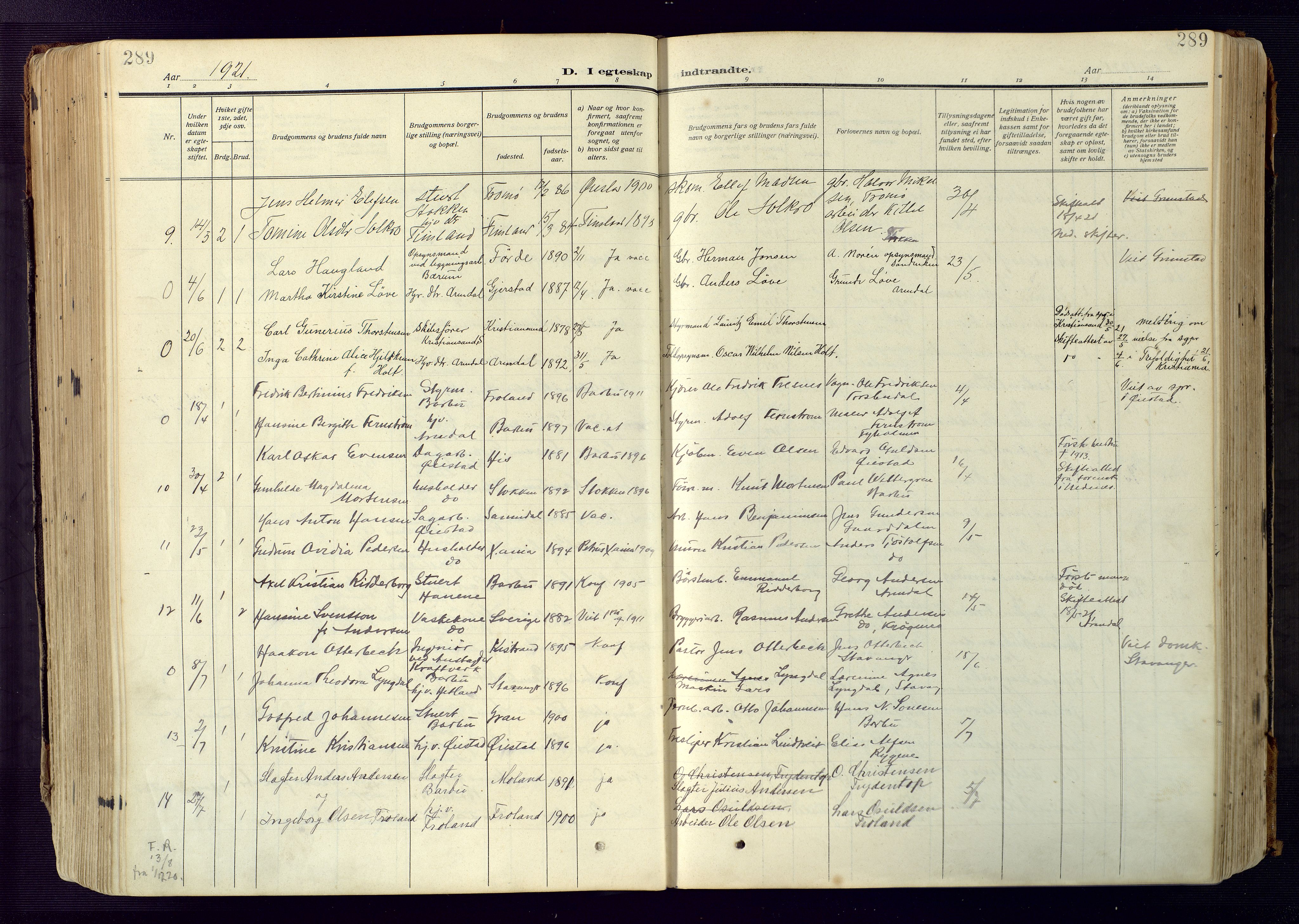 Barbu sokneprestkontor, SAK/1111-0003/F/Fa/L0006: Parish register (official) no. A 6, 1910-1929, p. 289