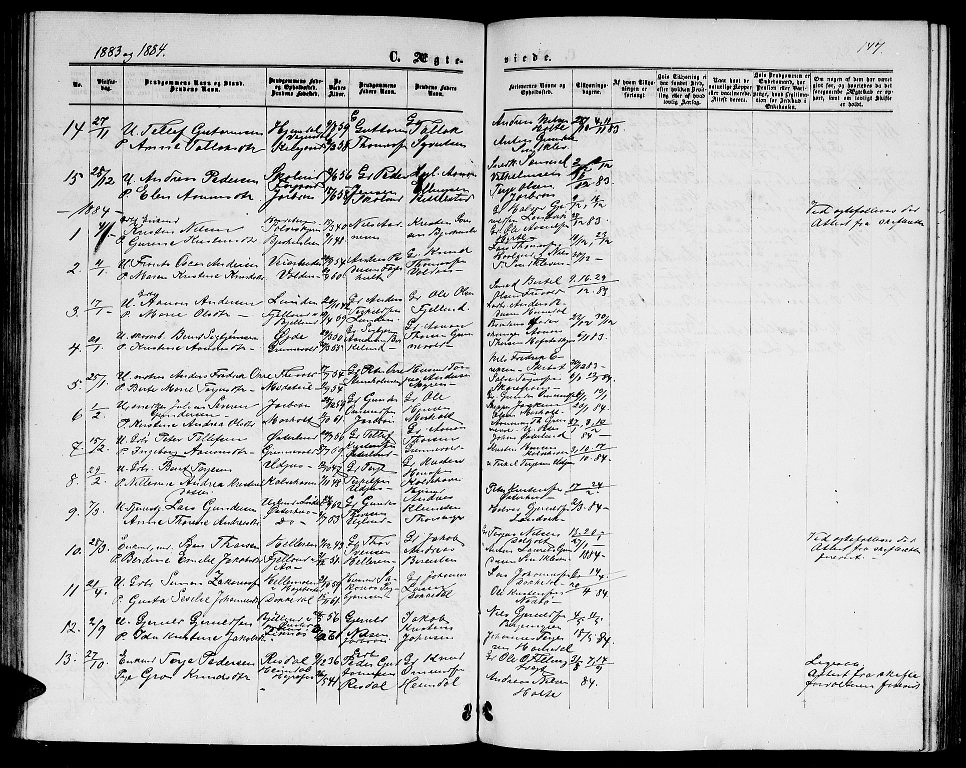 Hommedal sokneprestkontor, AV/SAK-1111-0023/F/Fb/Fbb/L0006: Parish register (copy) no. B 6, 1869-1884, p. 147