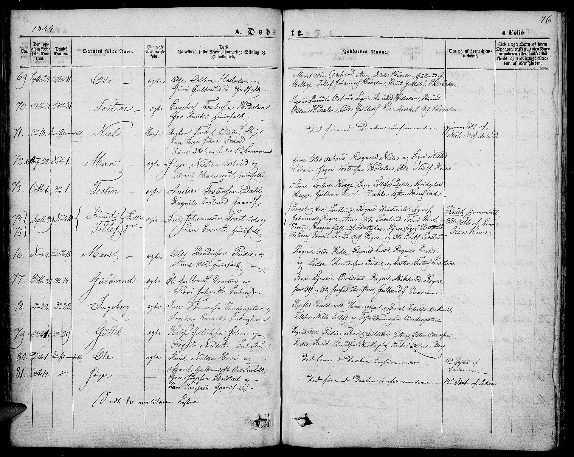 Slidre prestekontor, SAH/PREST-134/H/Ha/Haa/L0004: Parish register (official) no. 4, 1831-1848, p. 76