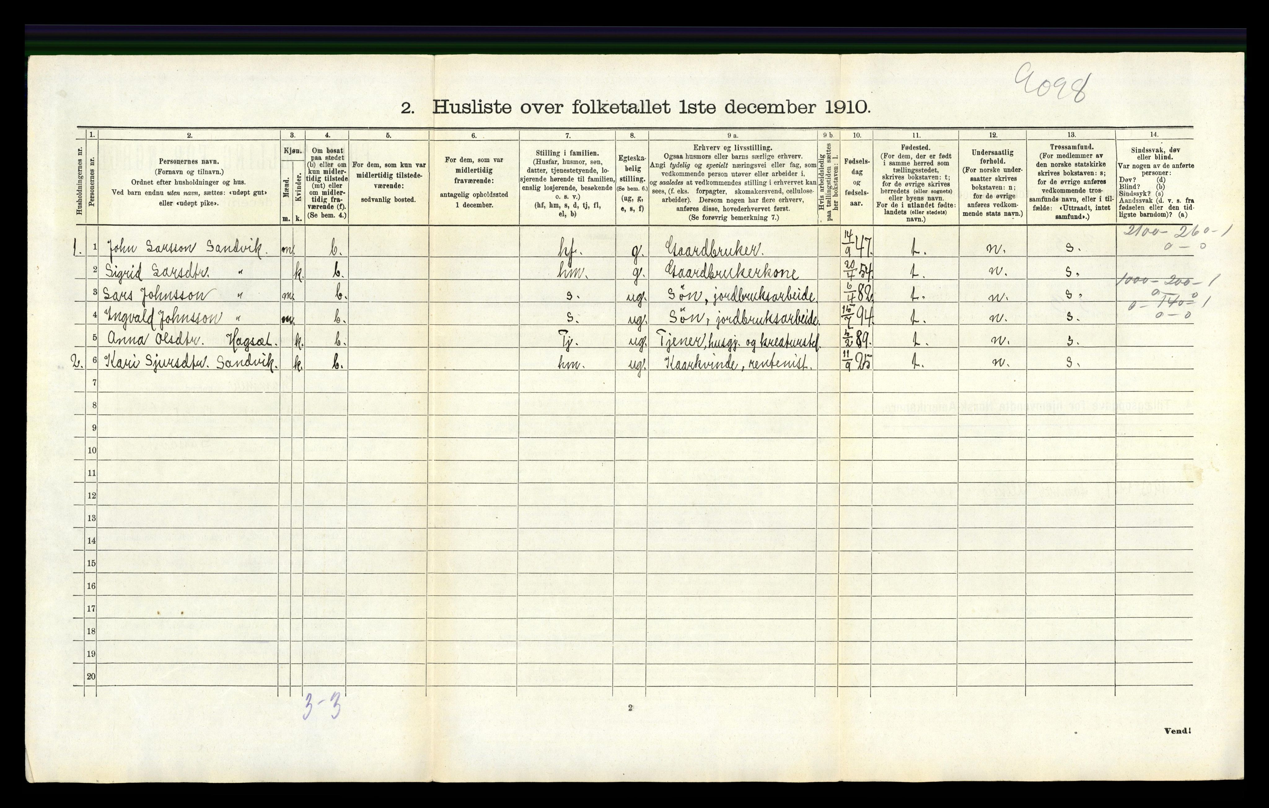 RA, 1910 census for Hamre, 1910, p. 303