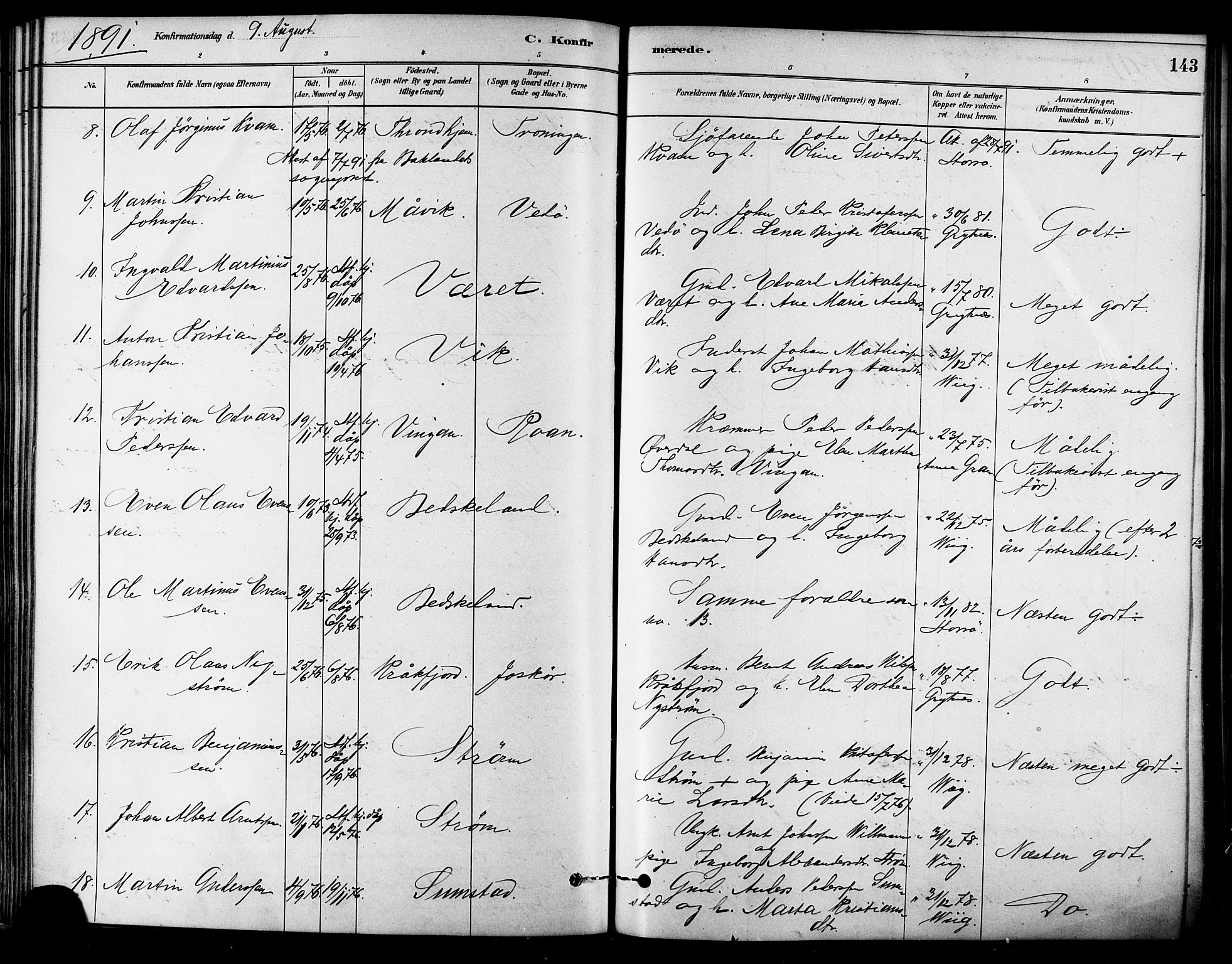 Ministerialprotokoller, klokkerbøker og fødselsregistre - Sør-Trøndelag, SAT/A-1456/657/L0707: Parish register (official) no. 657A08, 1879-1893, p. 143