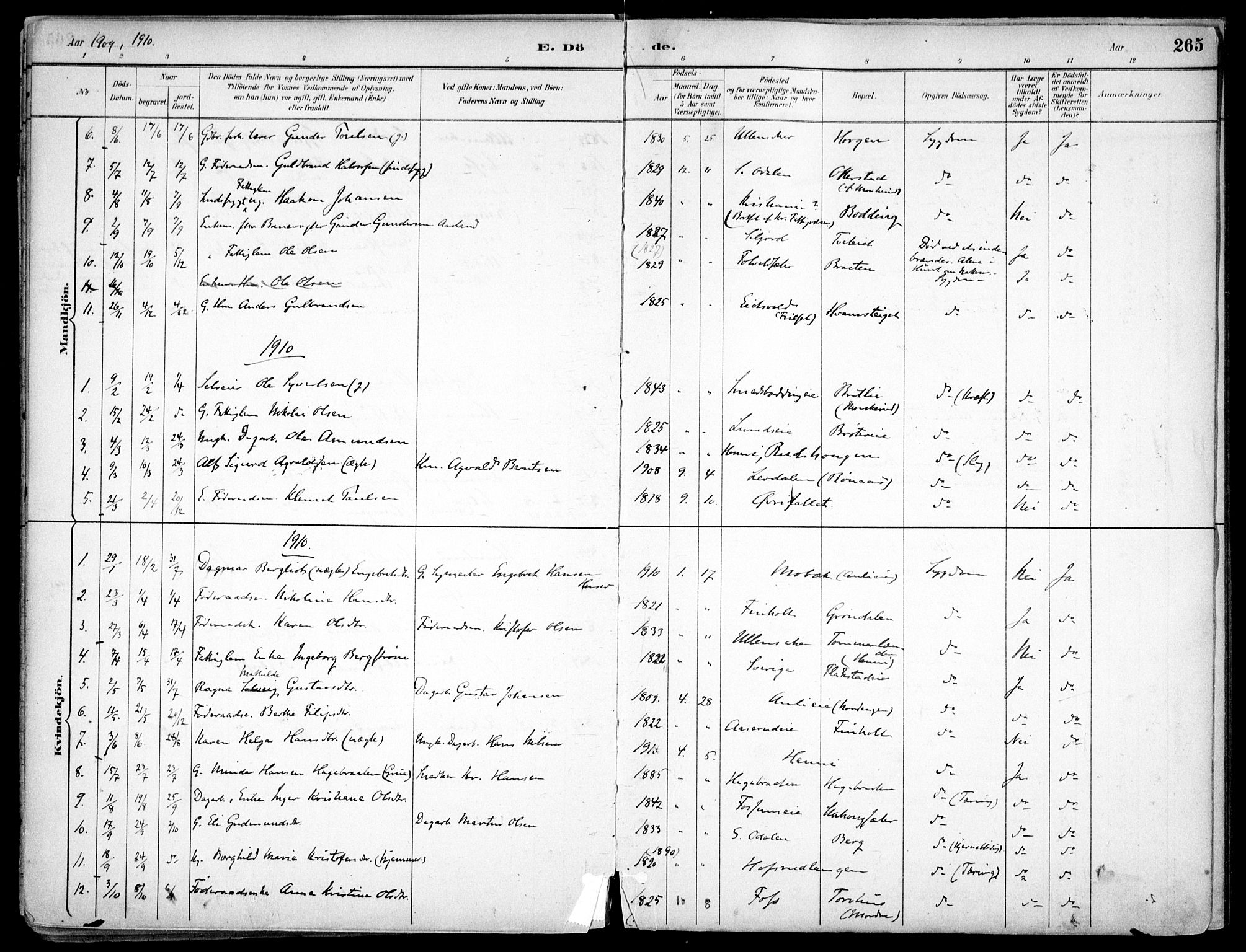 Nes prestekontor Kirkebøker, SAO/A-10410/F/Fc/L0002: Parish register (official) no. IIi 2, 1882-1916, p. 265