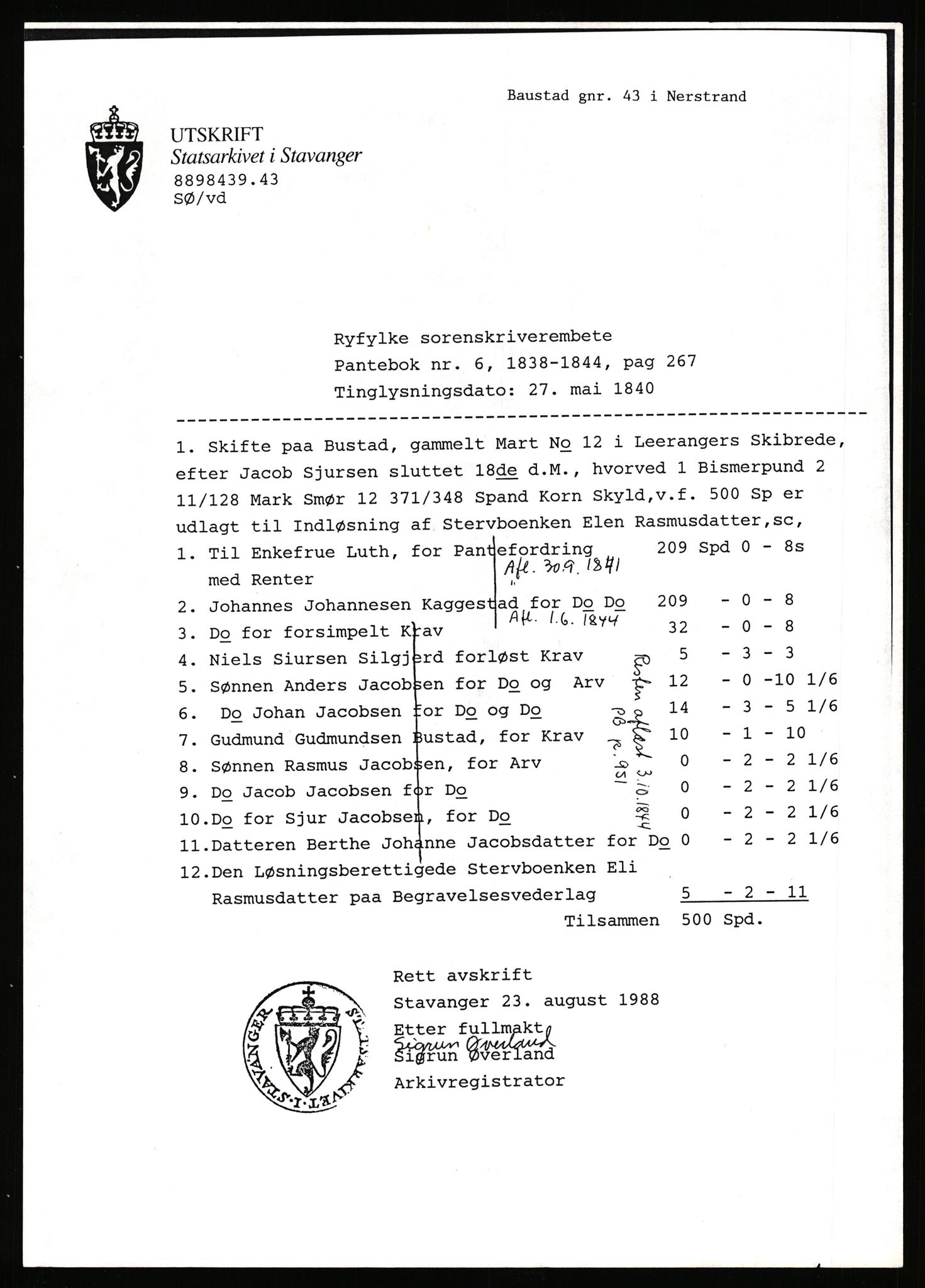 Statsarkivet i Stavanger, AV/SAST-A-101971/03/Y/Yj/L0006: Avskrifter sortert etter gårdsnavn: Bakke - Baustad, 1750-1930, p. 597