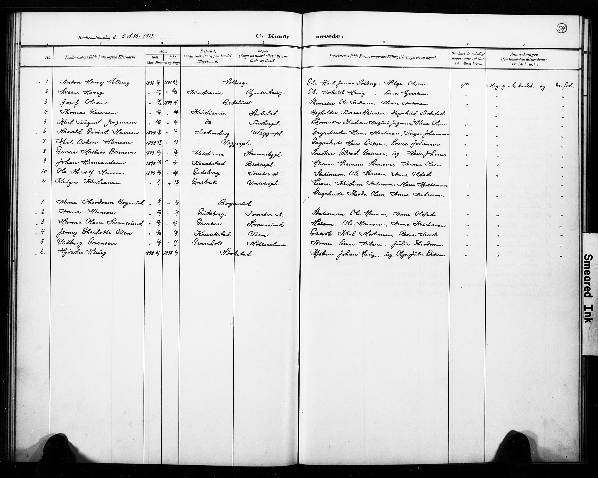 Hobøl prestekontor Kirkebøker, SAO/A-2002/G/Ga/L0001: Parish register (copy) no. I 1, 1905-1927, p. 54