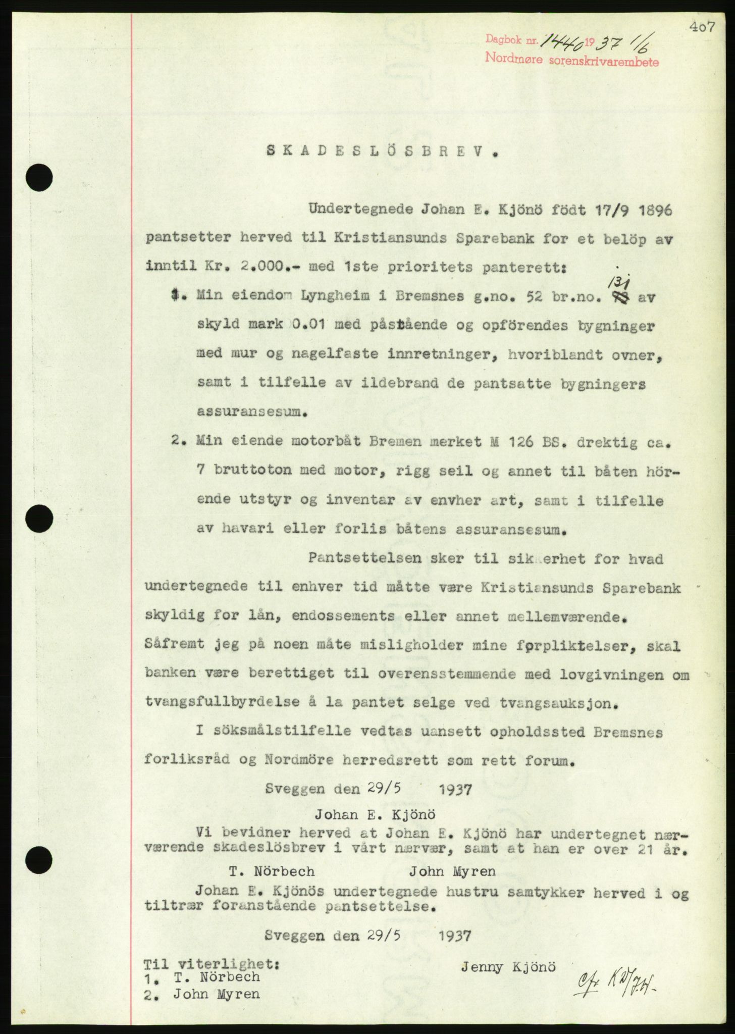 Nordmøre sorenskriveri, AV/SAT-A-4132/1/2/2Ca/L0091: Mortgage book no. B81, 1937-1937, Diary no: : 1440/1937