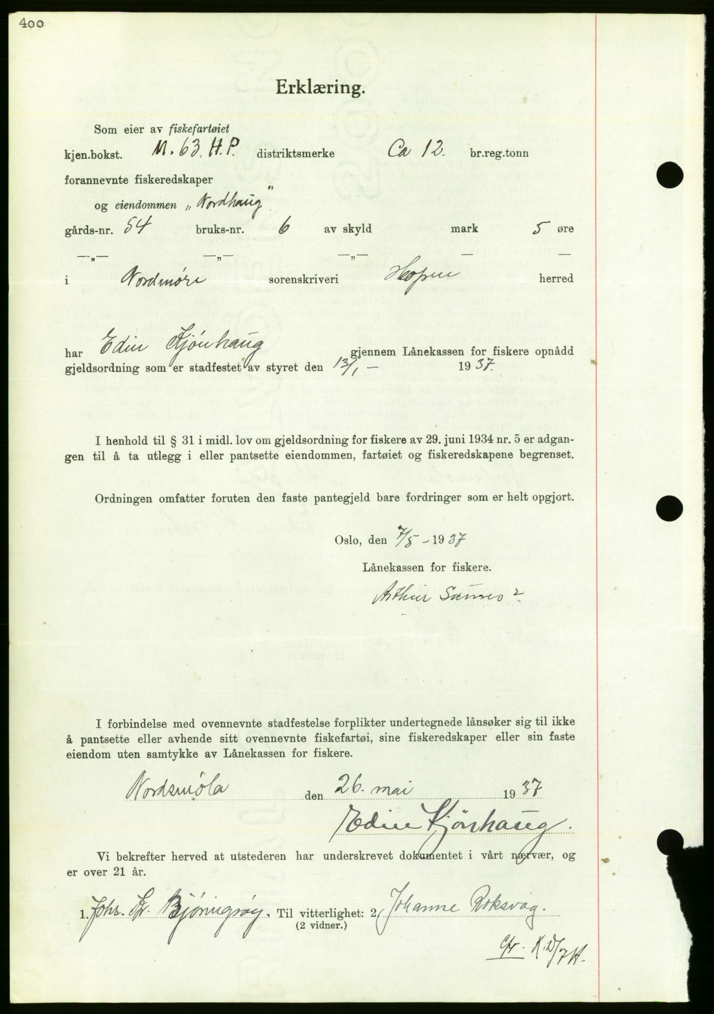 Nordmøre sorenskriveri, AV/SAT-A-4132/1/2/2Ca/L0091: Mortgage book no. B81, 1937-1937, Diary no: : 1430/1937