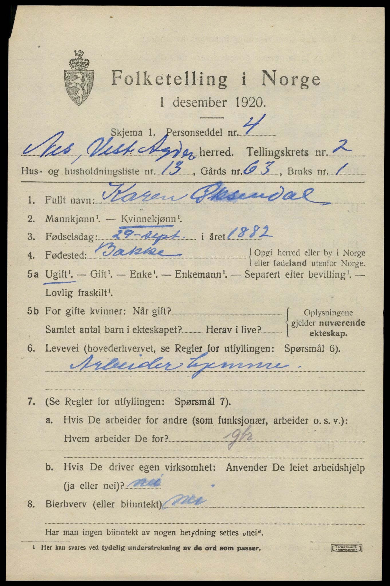 SAK, 1920 census for Nes (V-A), 1920, p. 1530