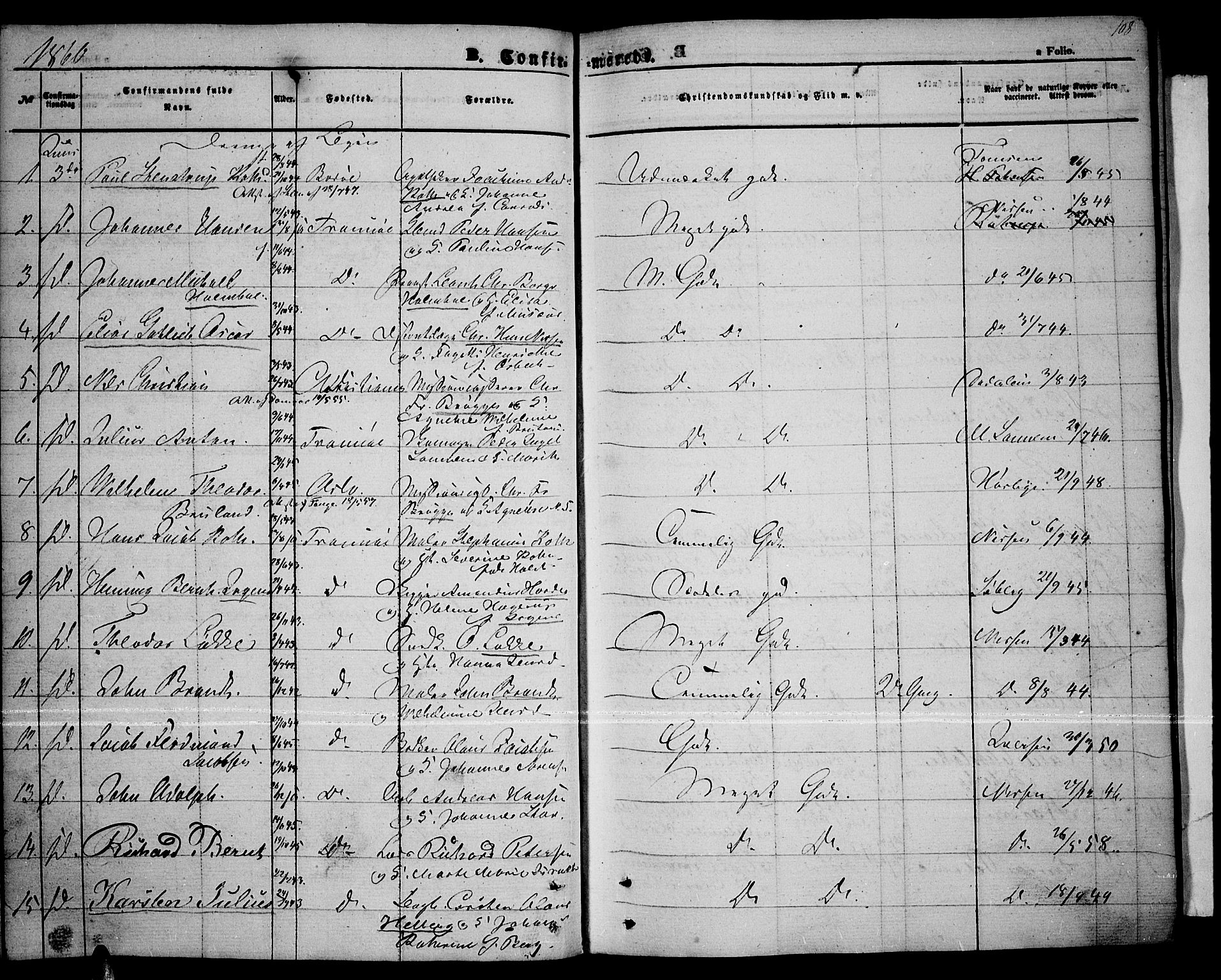 Tromsø sokneprestkontor/stiftsprosti/domprosti, AV/SATØ-S-1343/G/Gb/L0006klokker: Parish register (copy) no. 6, 1857-1866, p. 108