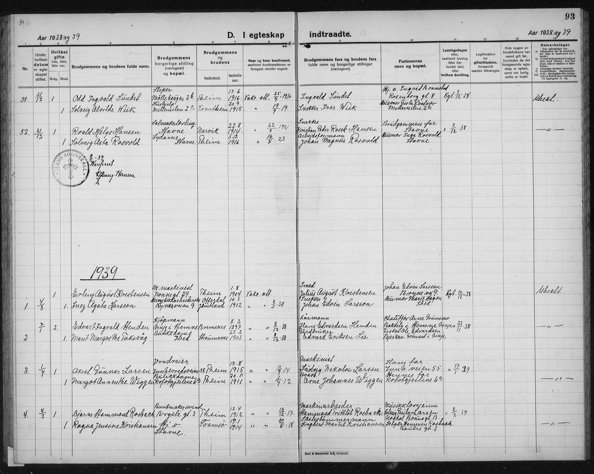 Ministerialprotokoller, klokkerbøker og fødselsregistre - Sør-Trøndelag, AV/SAT-A-1456/603/L0176: Parish register (copy) no. 603C04, 1923-1941, p. 93