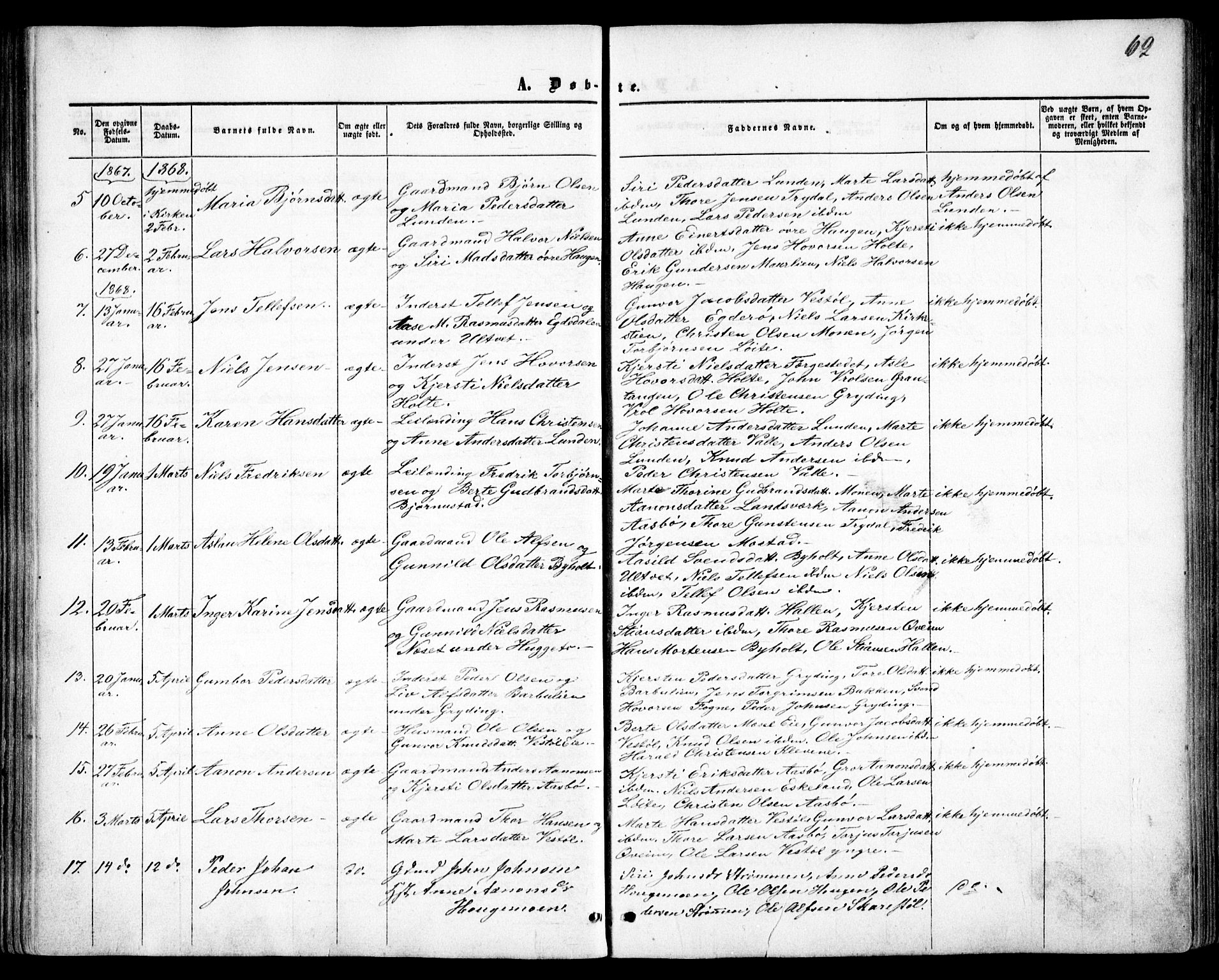 Gjerstad sokneprestkontor, AV/SAK-1111-0014/F/Fa/Faa/L0007: Parish register (official) no. A 7, 1858-1875, p. 62