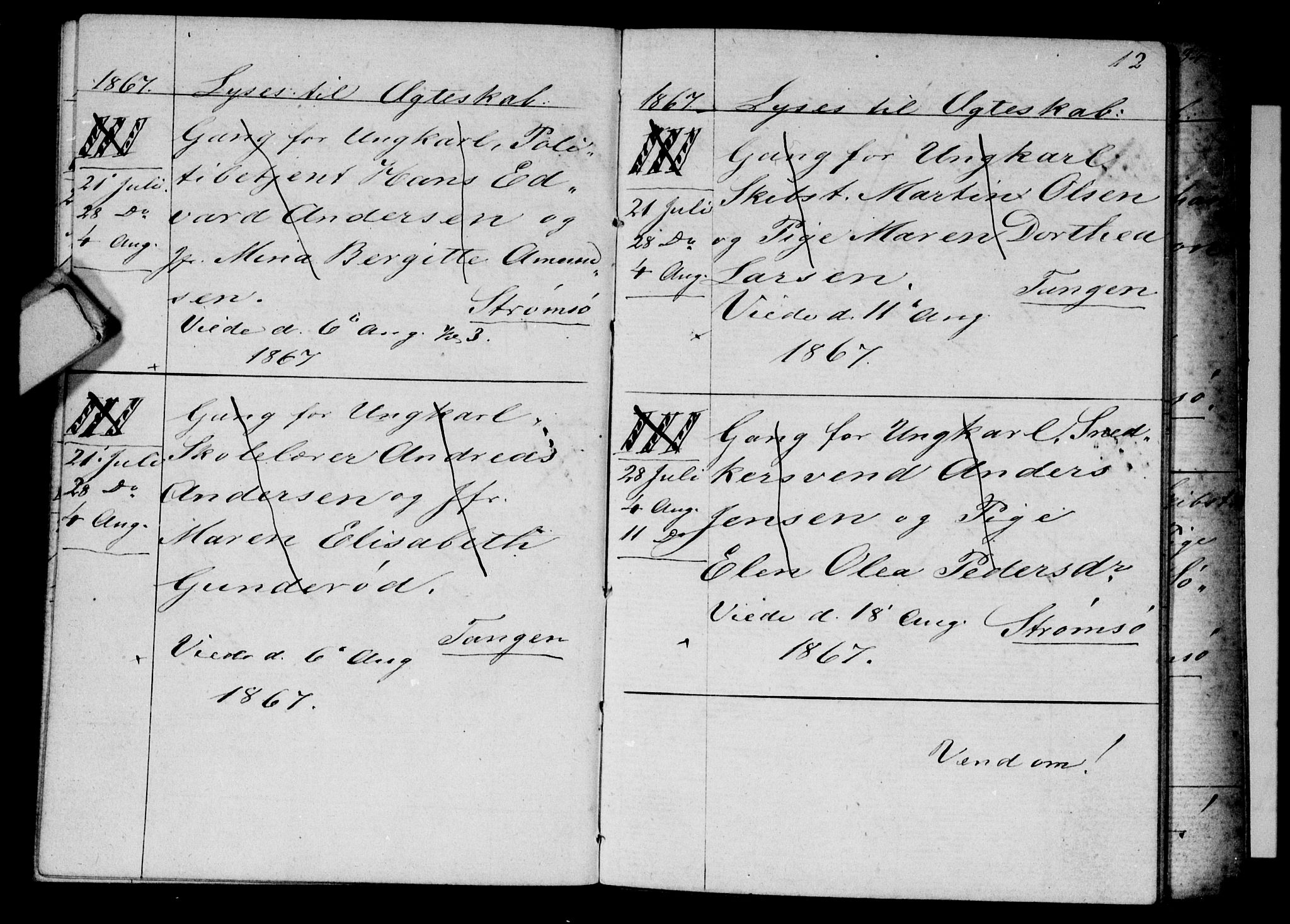 Strømsø kirkebøker, AV/SAKO-A-246/H/Ha/L0003: Banns register no. 3, 1866-1874, p. 12