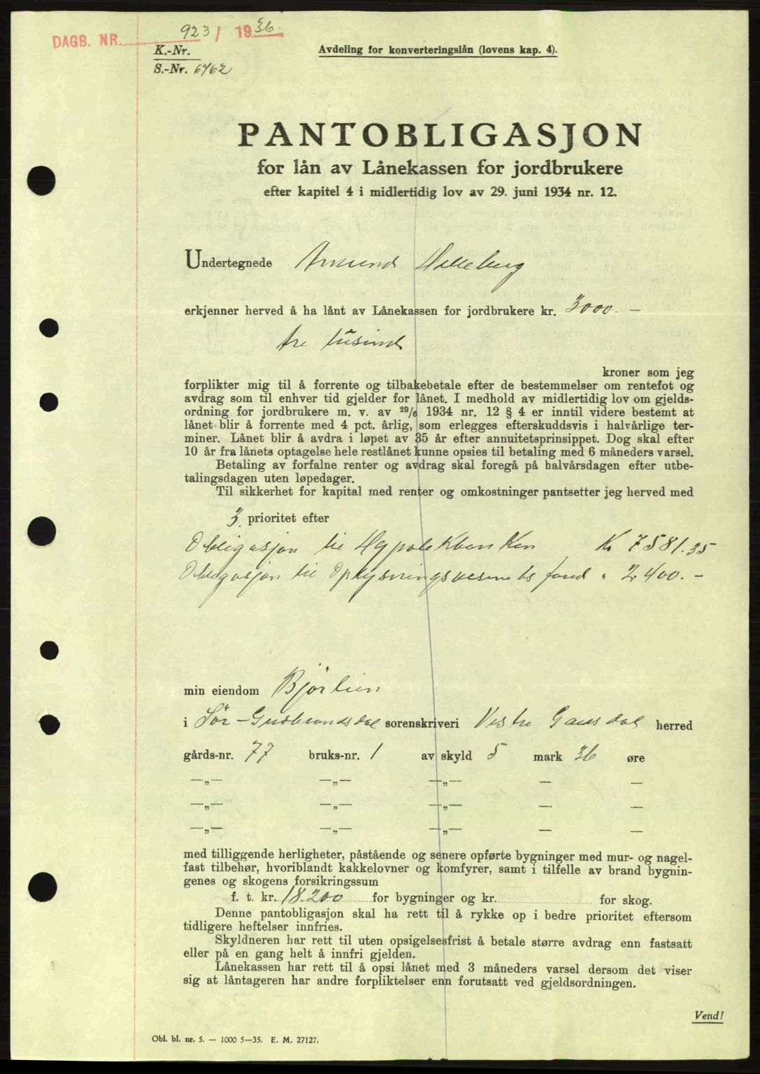 Sør-Gudbrandsdal tingrett, SAH/TING-004/H/Hb/Hbe/L0001: Mortgage book no. B1, 1936-1939, Diary no: : 923/1936