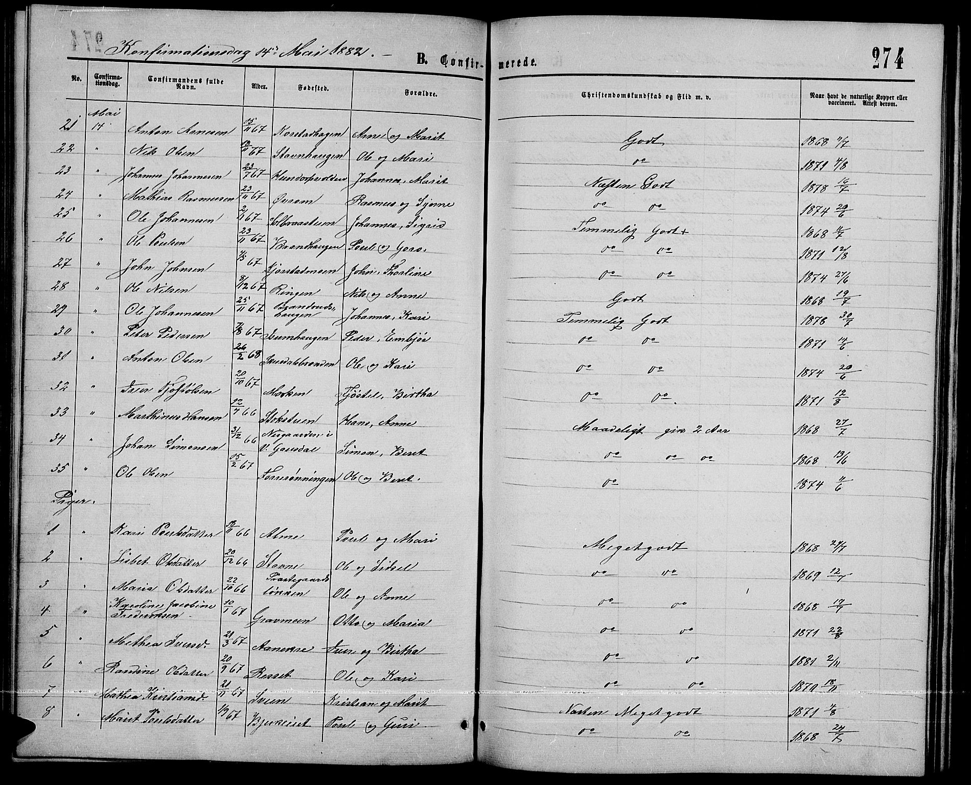 Sør-Fron prestekontor, SAH/PREST-010/H/Ha/Hab/L0002: Parish register (copy) no. 2, 1864-1883, p. 274