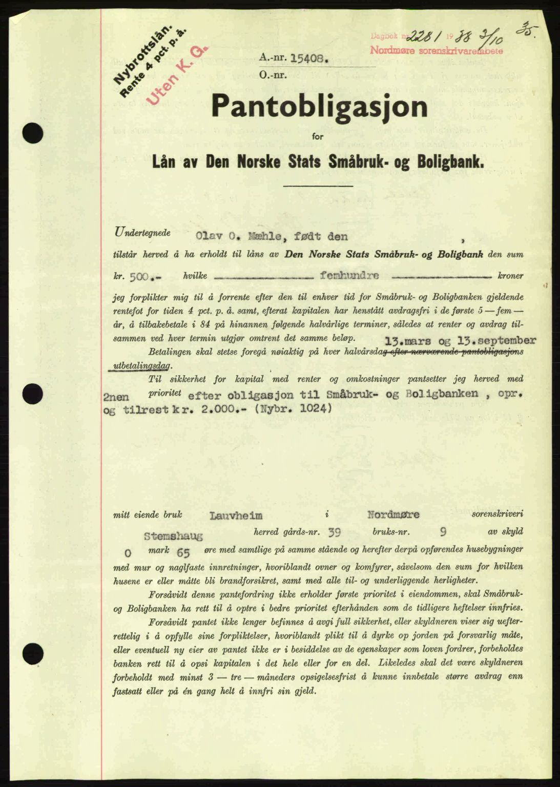 Nordmøre sorenskriveri, SAT/A-4132/1/2/2Ca: Mortgage book no. B84, 1938-1939, Diary no: : 2281/1938