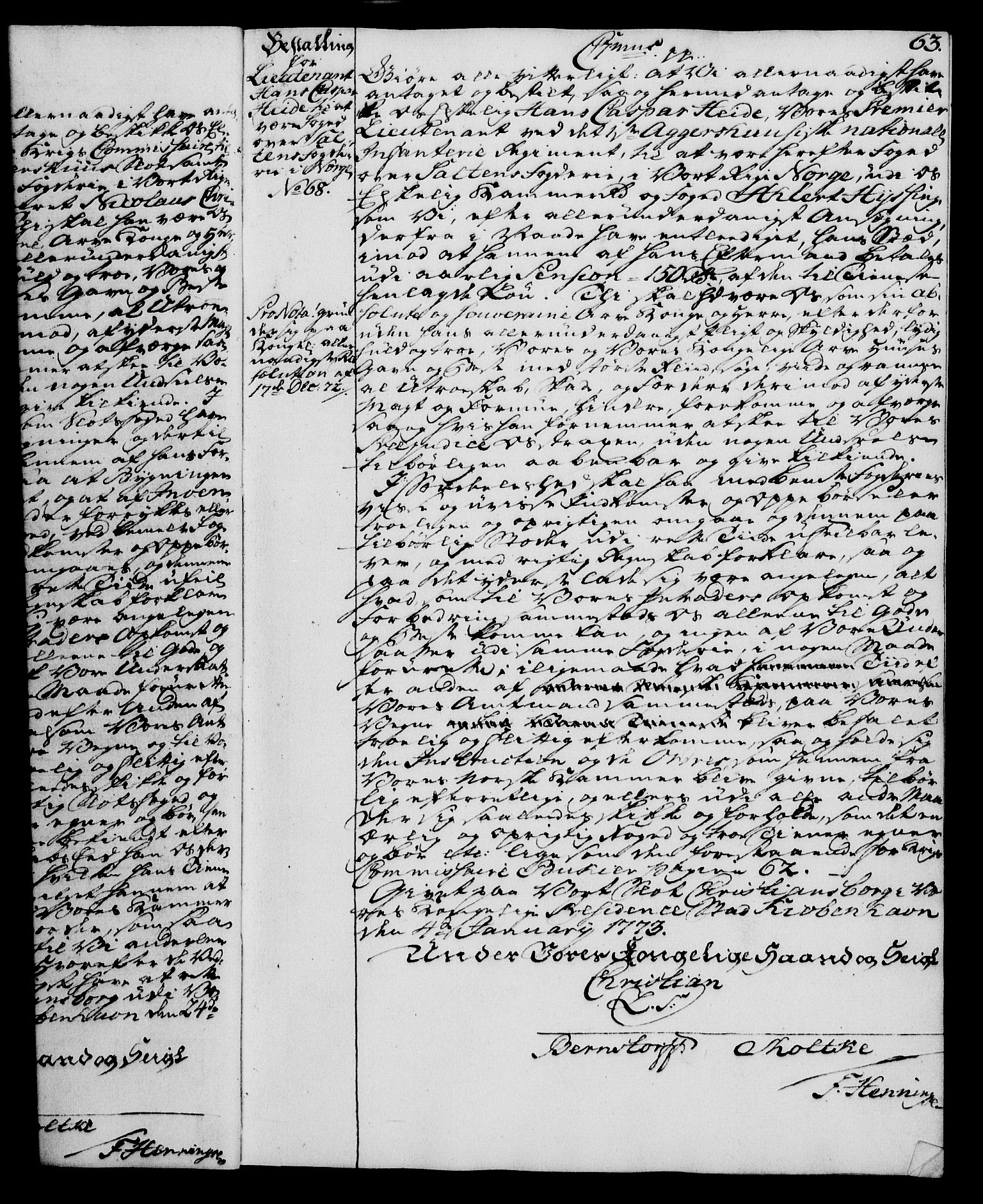 Rentekammeret, Kammerkanselliet, RA/EA-3111/G/Gg/Gge/L0005: Norsk bestallingsprotokoll med register (merket RK 53.29), 1771-1773, p. 63