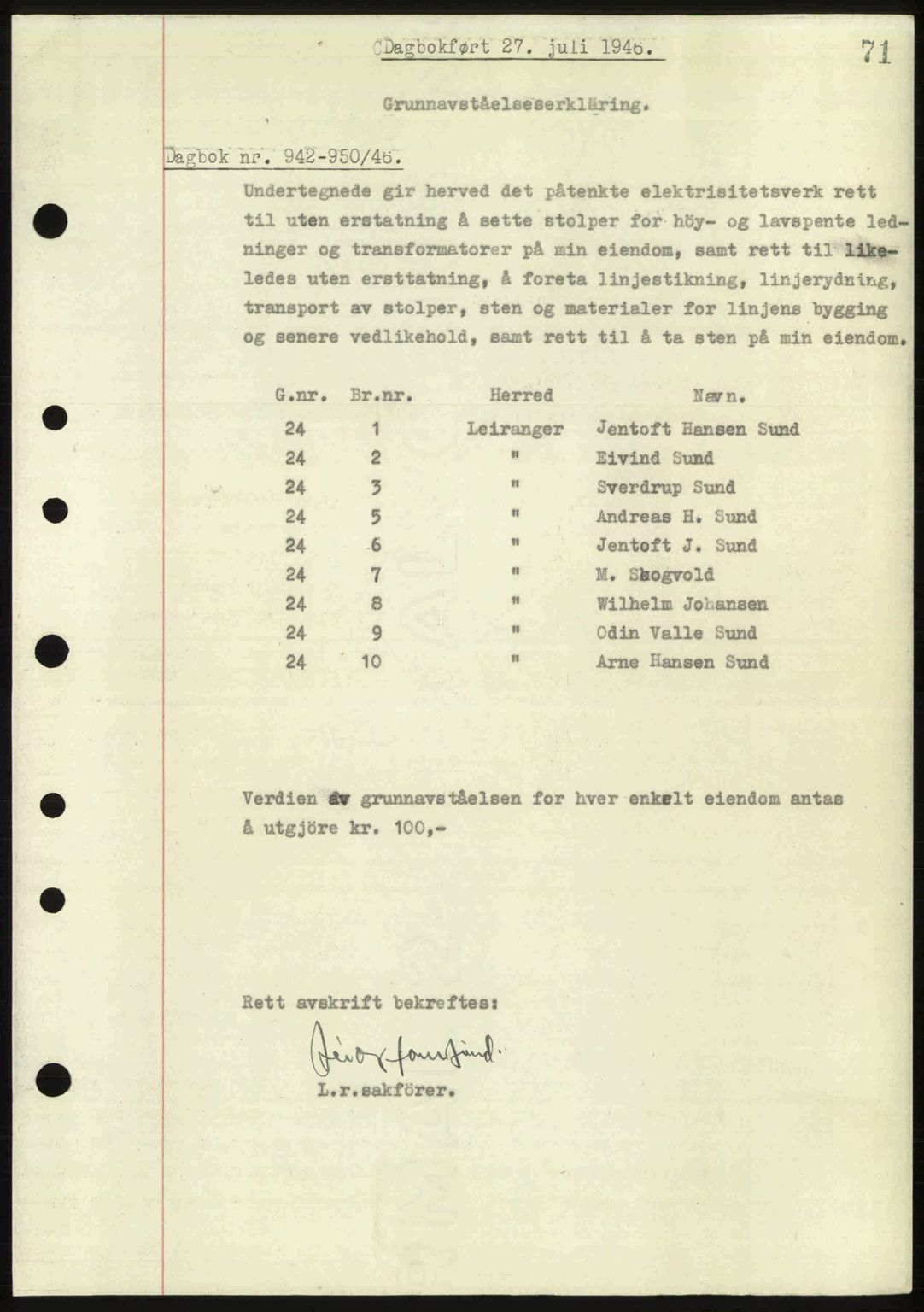 Steigen og Ofoten sorenskriveri, AV/SAT-A-0030/1/2/2C: Mortgage book no. A2, 1942-1948, Diary no: : 942/1946