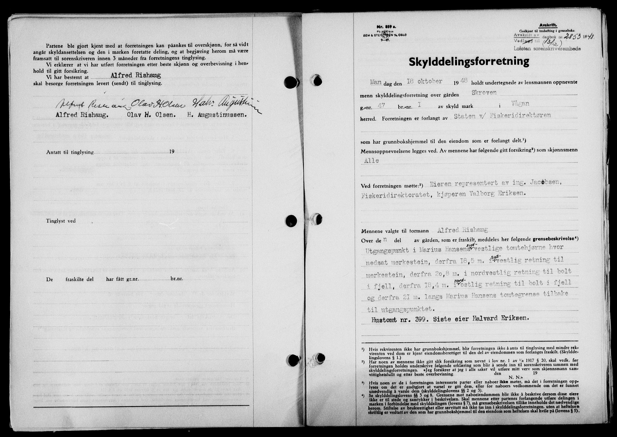 Lofoten sorenskriveri, SAT/A-0017/1/2/2C/L0020a: Mortgage book no. 20a, 1948-1949, Diary no: : 2853/1948