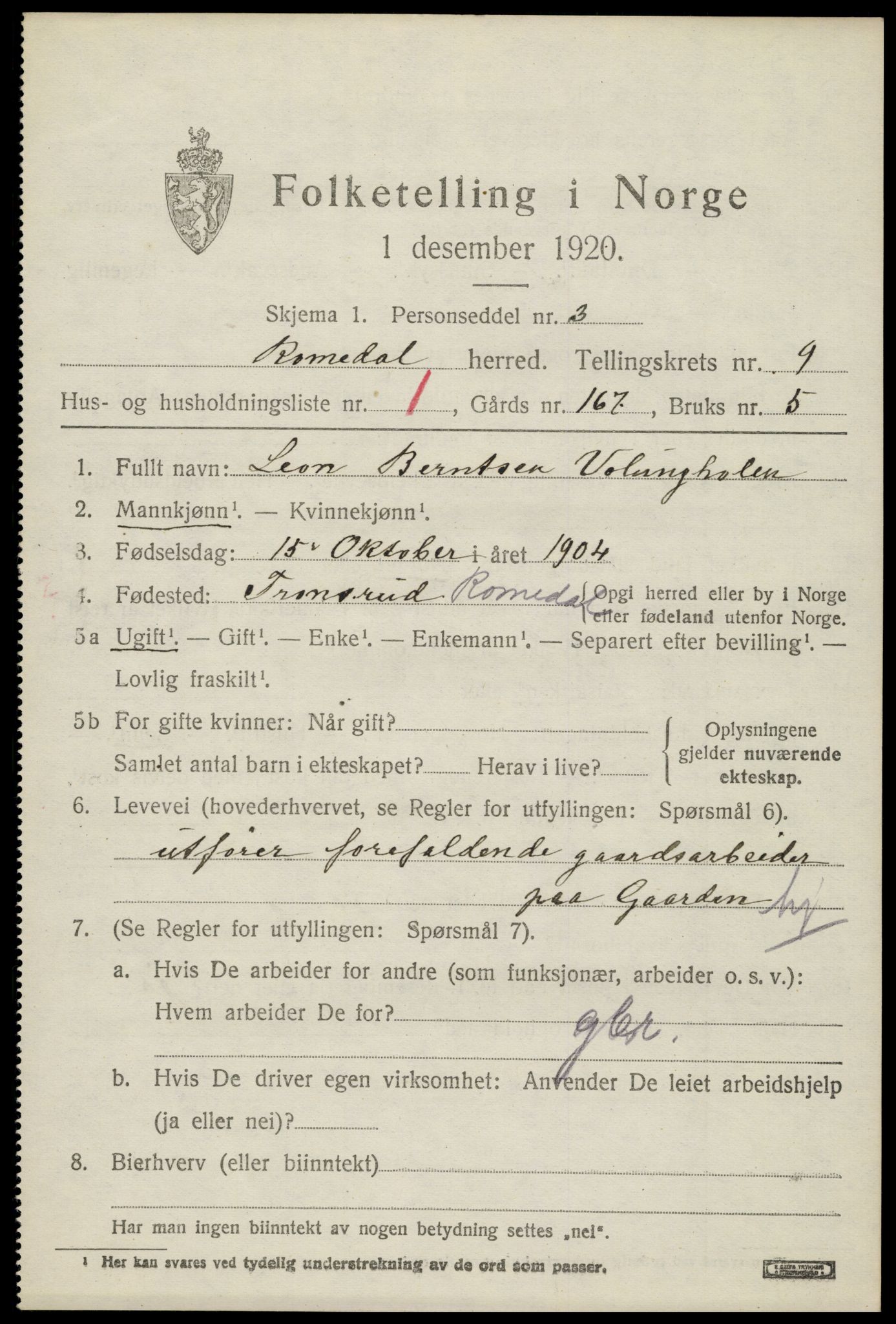 SAH, 1920 census for Romedal, 1920, p. 10357