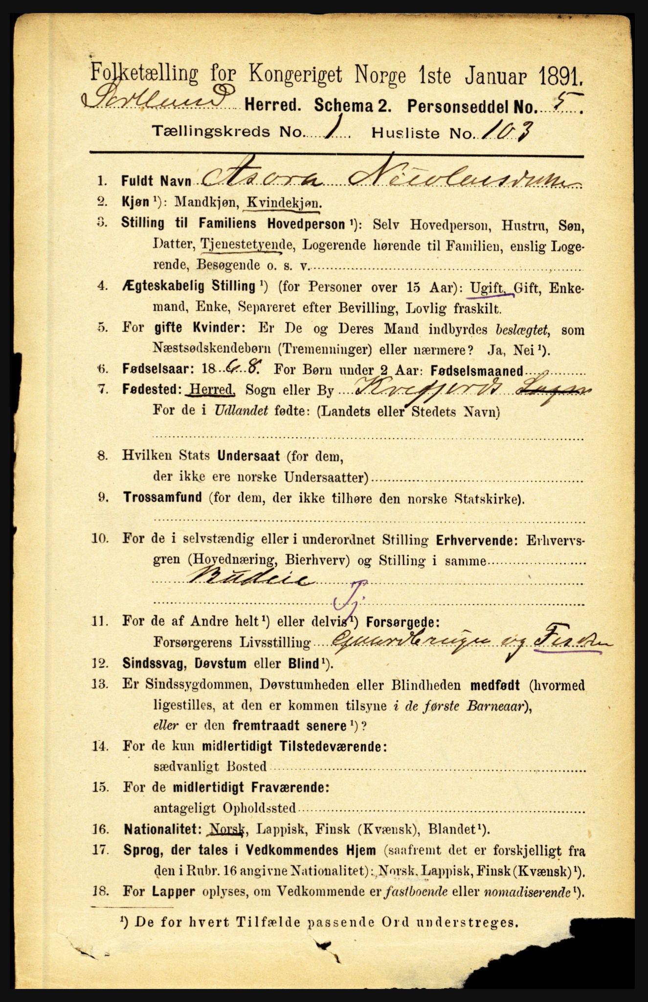 RA, 1891 census for 1870 Sortland, 1891, p. 837