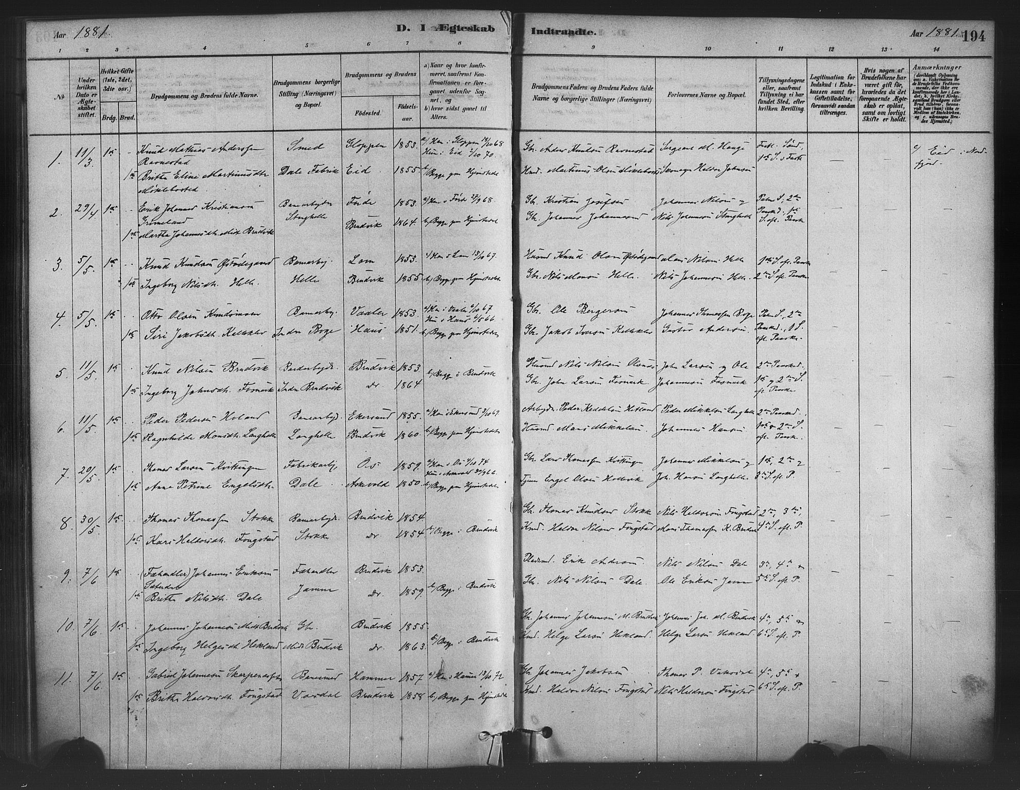 Bruvik Sokneprestembete, SAB/A-74701/H/Haa: Parish register (official) no. B 1, 1878-1904, p. 194