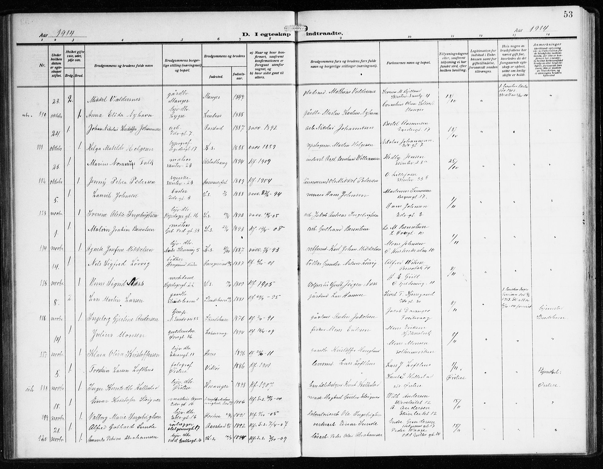 Sandviken Sokneprestembete, AV/SAB-A-77601/H/Ha/L0015: Parish register (official) no. D 2, 1911-1923, p. 53