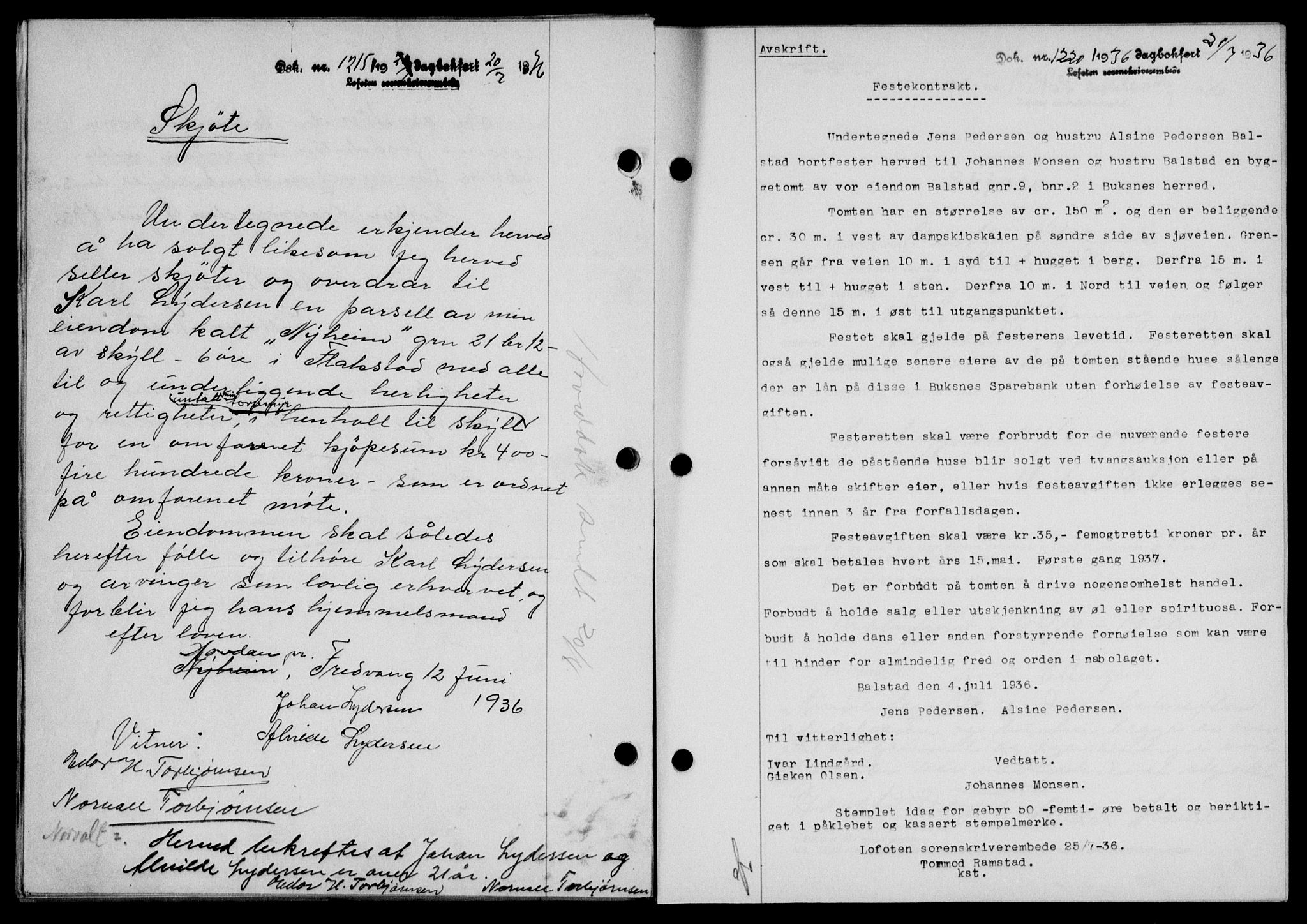 Lofoten sorenskriveri, SAT/A-0017/1/2/2C/L0001a: Mortgage book no. 1a, 1936-1937, Diary no: : 1215/1936