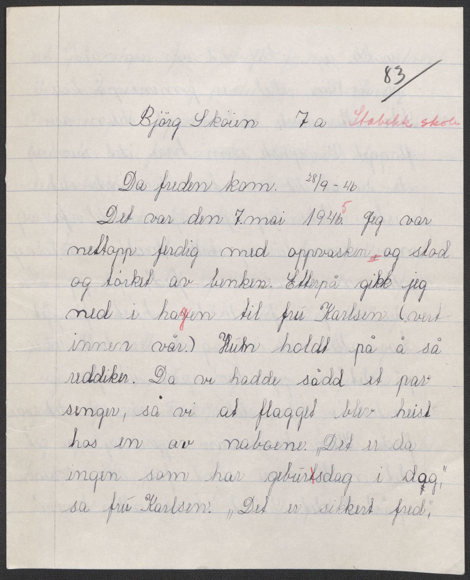 Det norske totalavholdsselskap, RA/PA-0419/E/Eb/L0603: Skolestiler om krigstida (ordnet topografisk etter distrikt og skole), 1946, p. 439