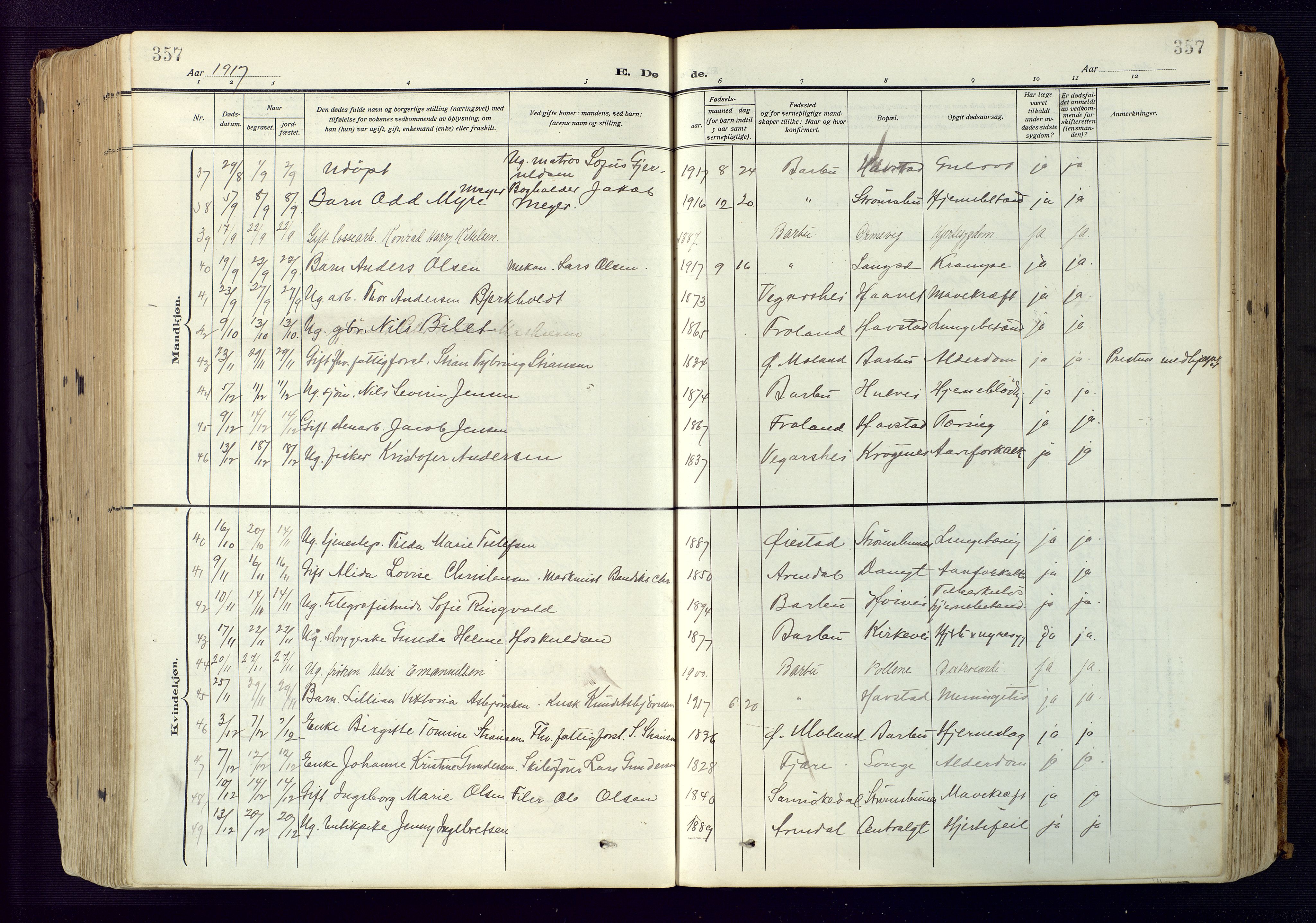 Barbu sokneprestkontor, AV/SAK-1111-0003/F/Fa/L0006: Parish register (official) no. A 6, 1910-1929, p. 357