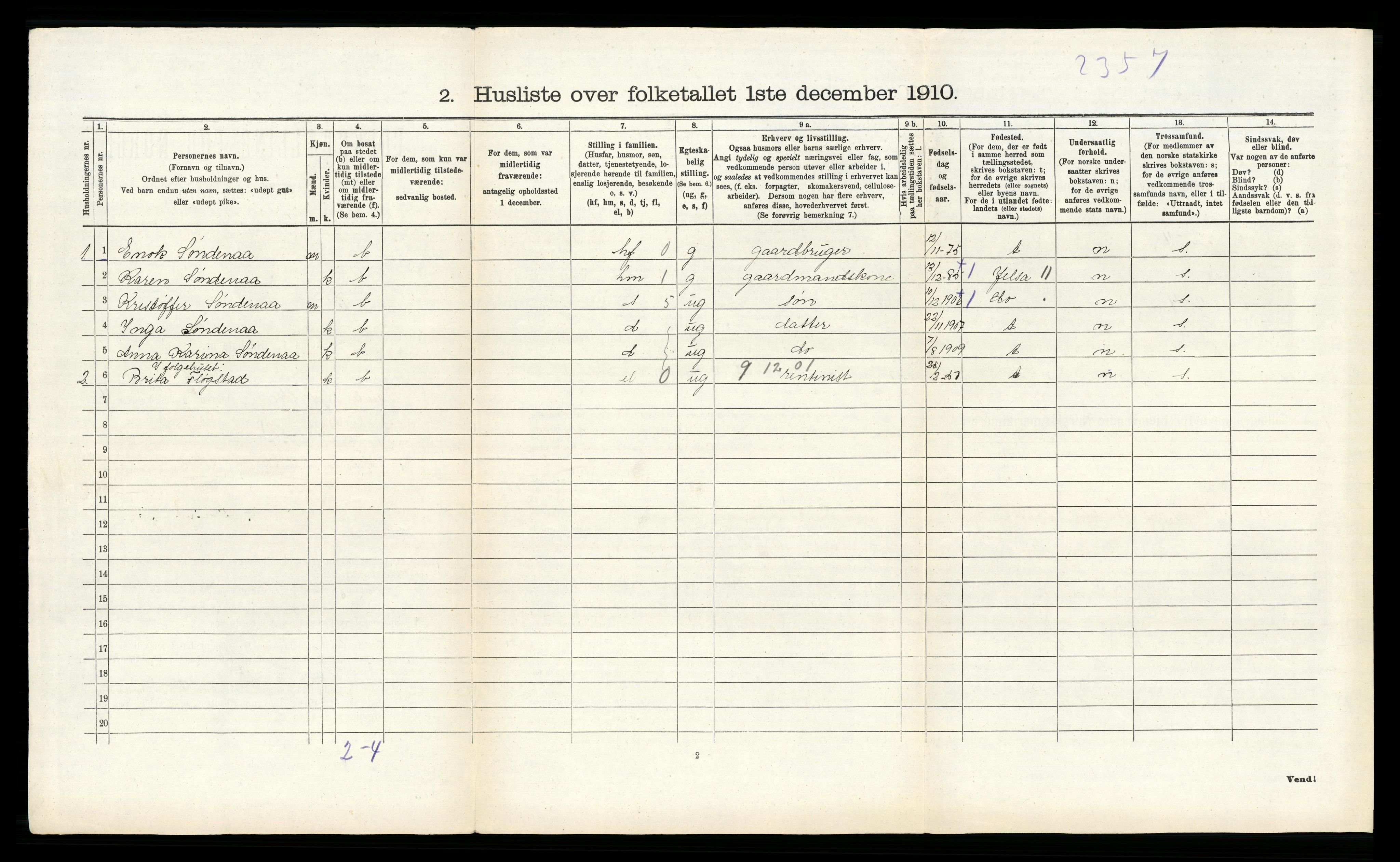 RA, 1910 census for Sauda, 1910, p. 237