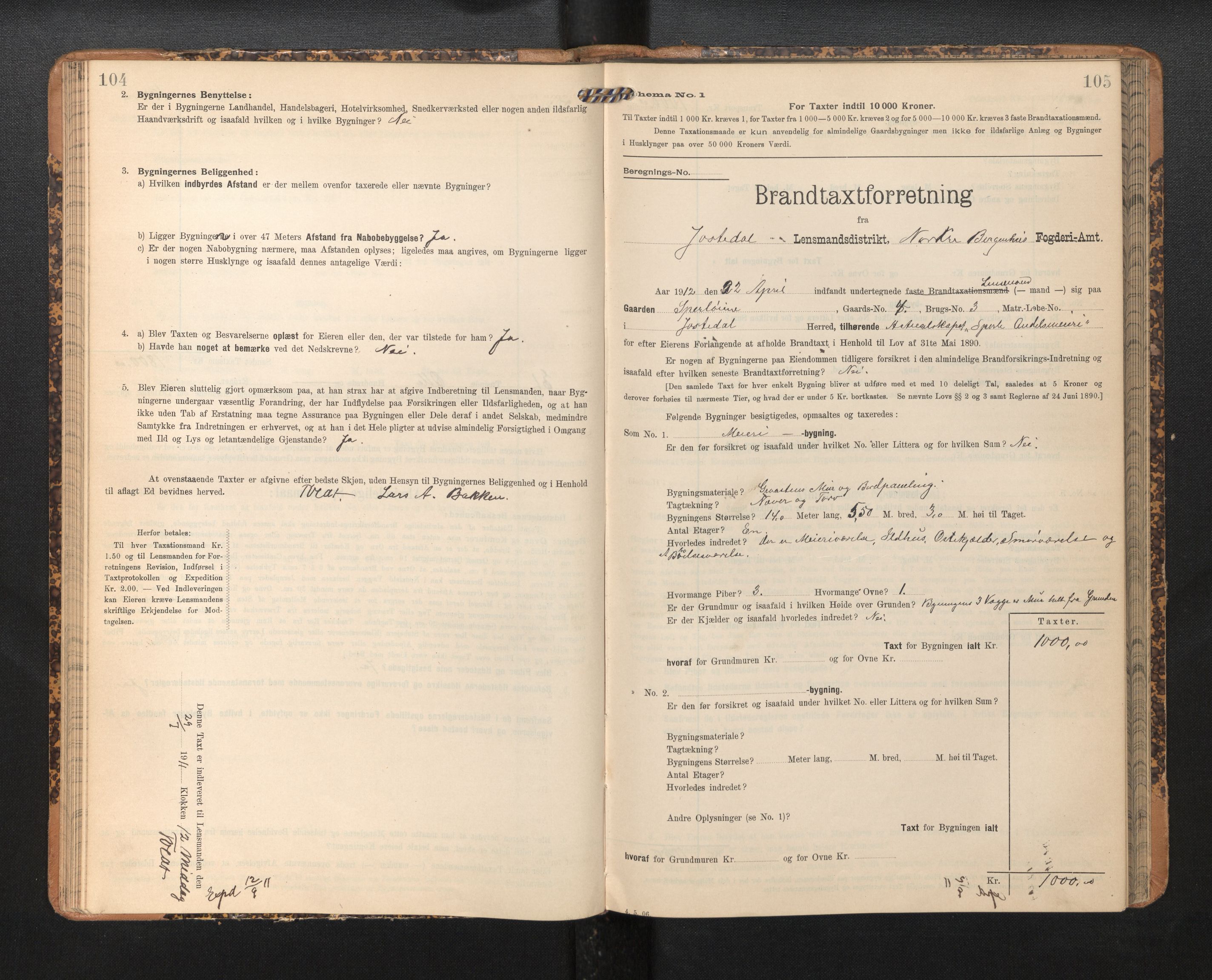 Lensmannen i Jostedal, SAB/A-28601/0012/L0004: Branntakstprotokoll, skjematakst, 1906-1919, p. 104-105