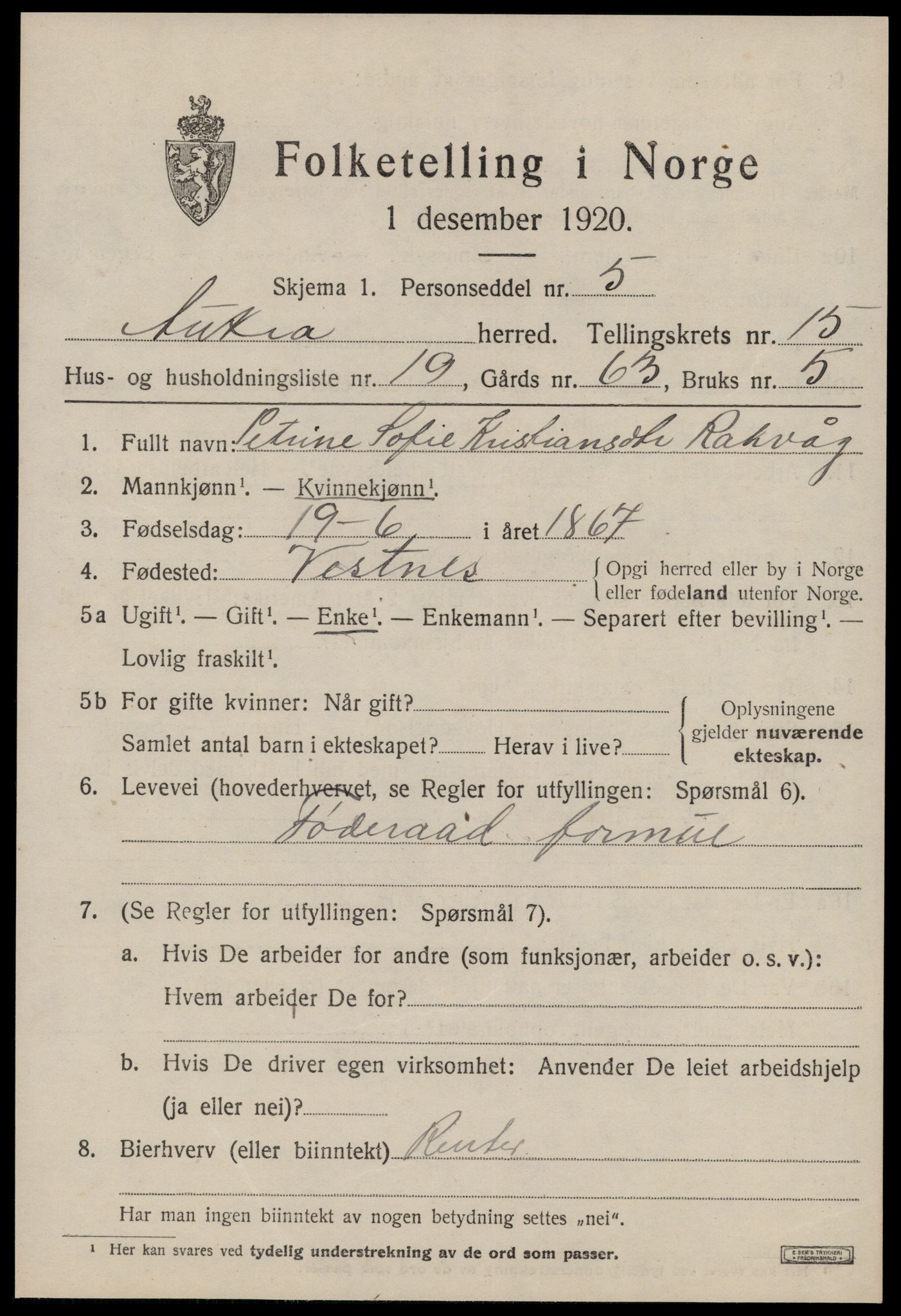 SAT, 1920 census for Aukra, 1920, p. 6931