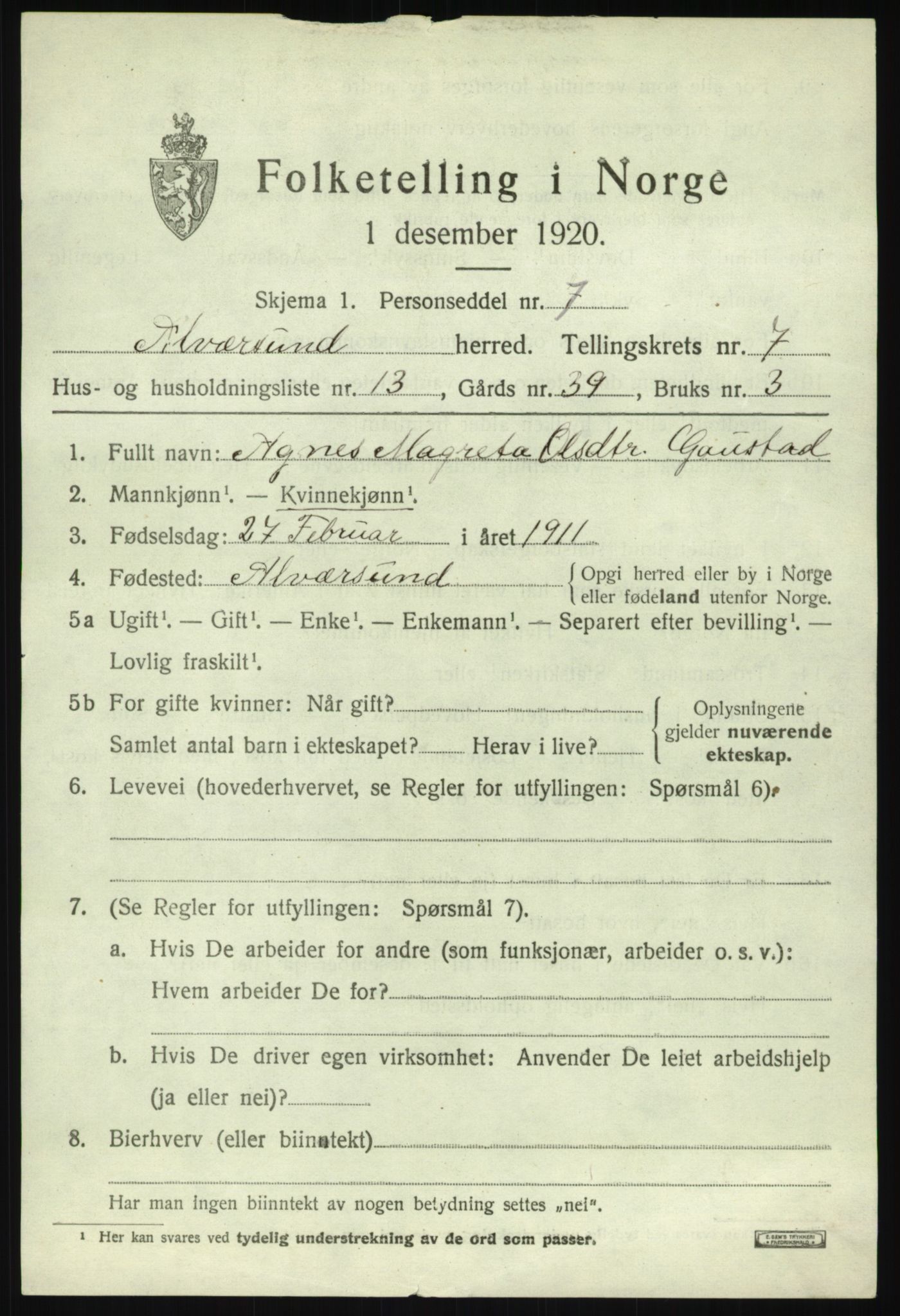 SAB, 1920 census for Alversund, 1920, p. 4832