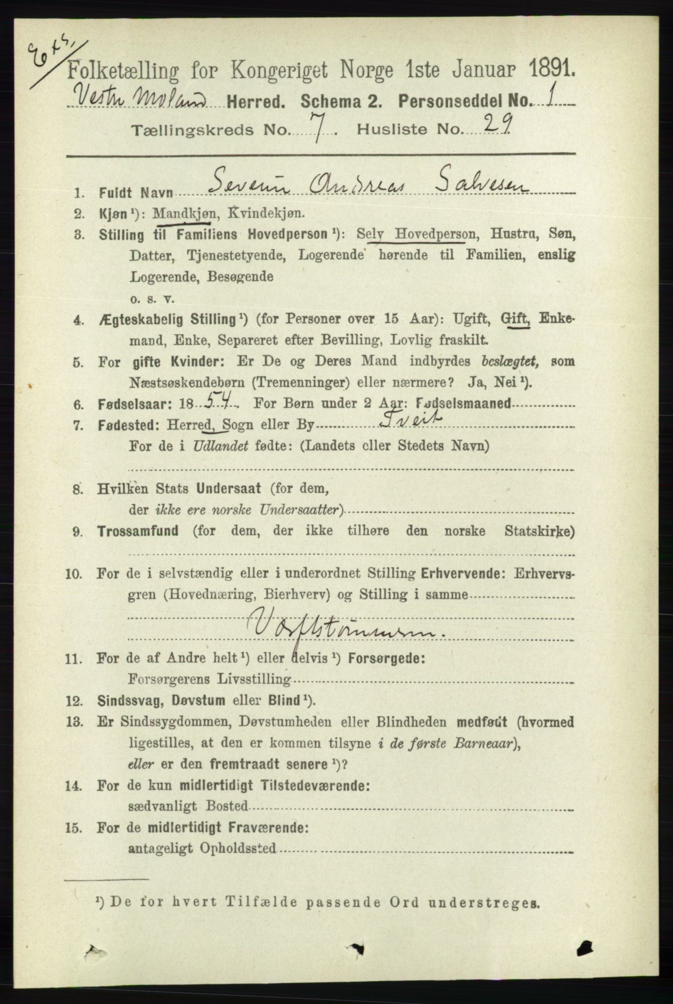 RA, Census 1891 for Nedenes amt: Gjenparter av personsedler for beslektede ektefeller, menn, 1891, p. 822