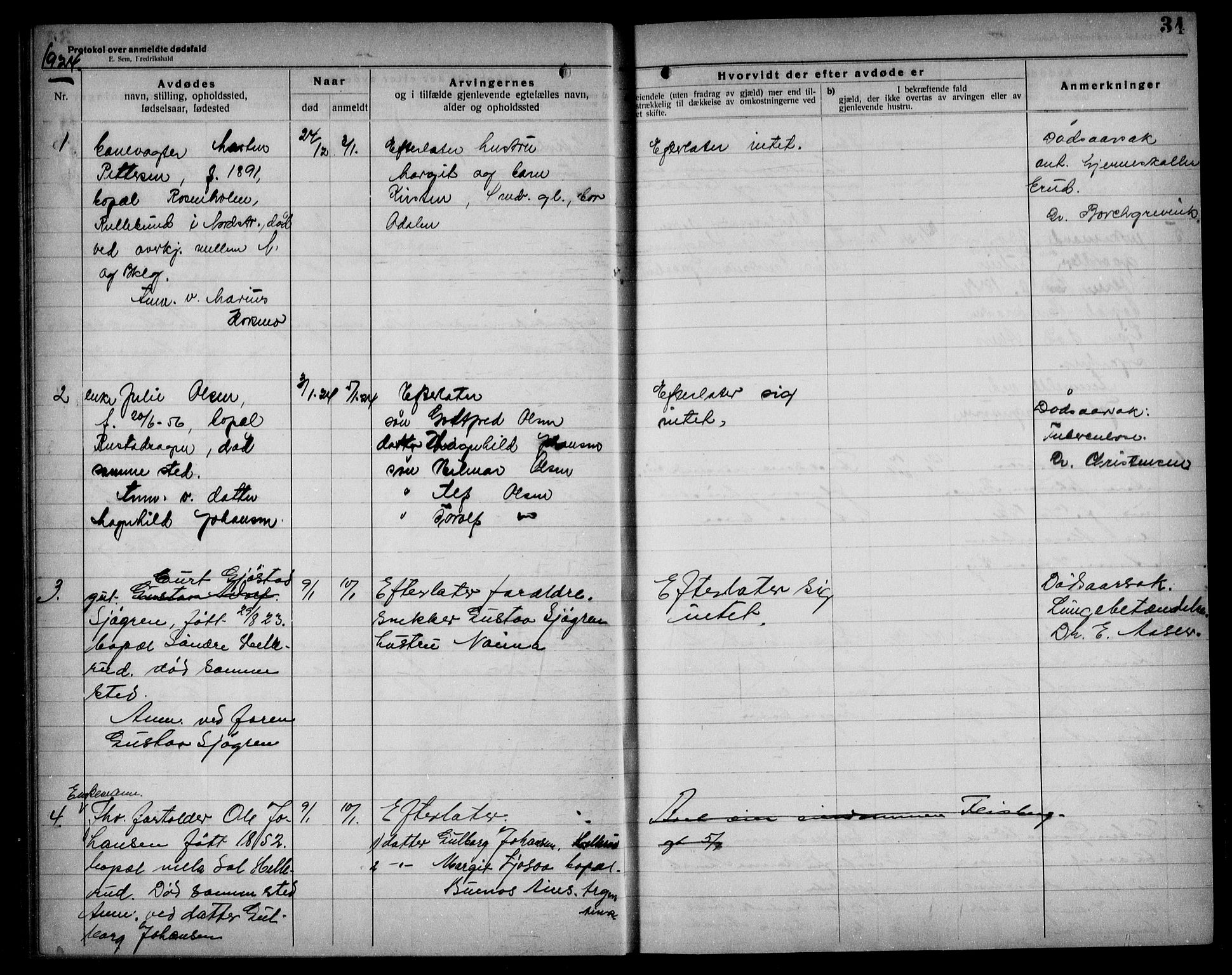 Aker kriminaldommer, skifte- og auksjonsforvalterembete, AV/SAO-A-10452/H/Hb/Hba/Hbad/L0001: Dødsfallsprotokoll for Nordstrand, 1922-1929, p. 34