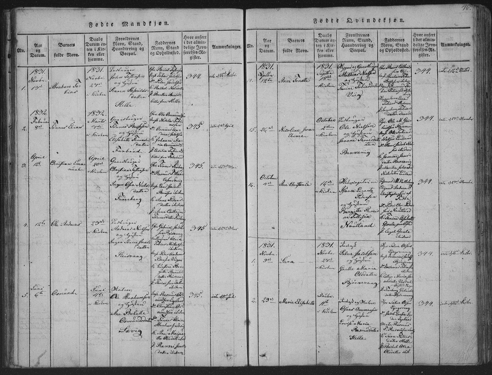 Herad sokneprestkontor, SAK/1111-0018/F/Fa/Fab/L0002: Parish register (official) no. A 2, 1816-1844, p. 46