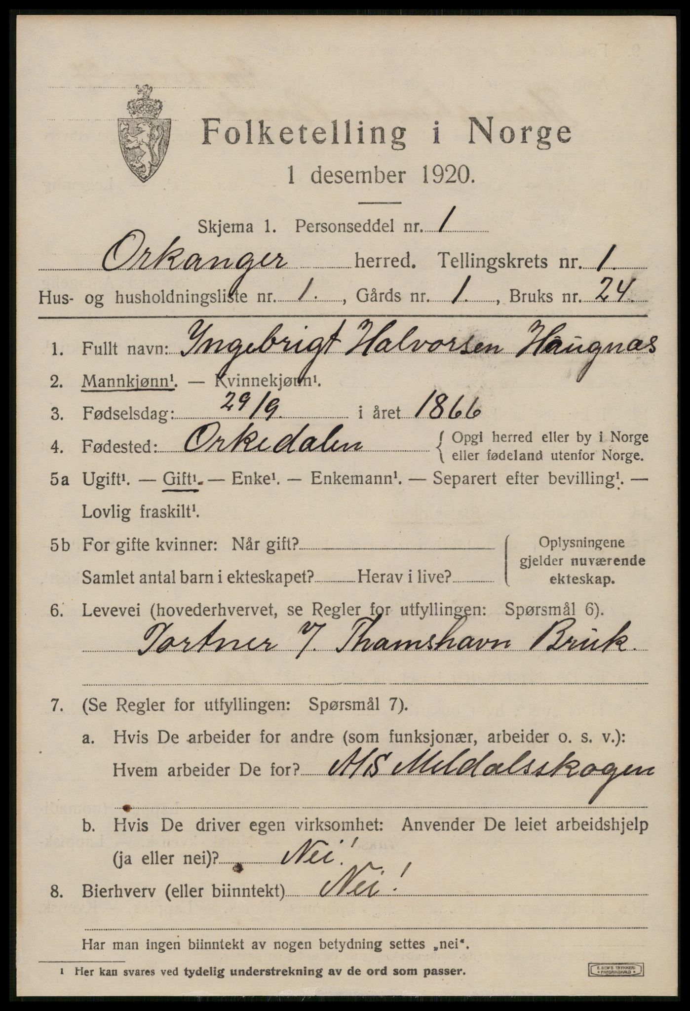 SAT, 1920 census for Orkanger, 1920, p. 605