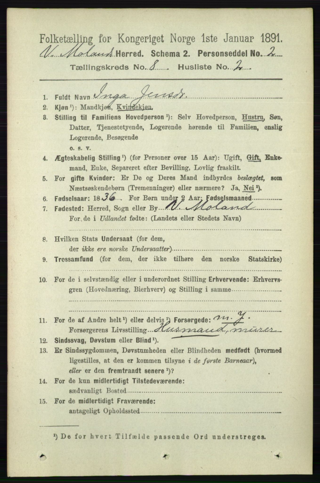 RA, 1891 census for 0926 Vestre Moland, 1891, p. 3007