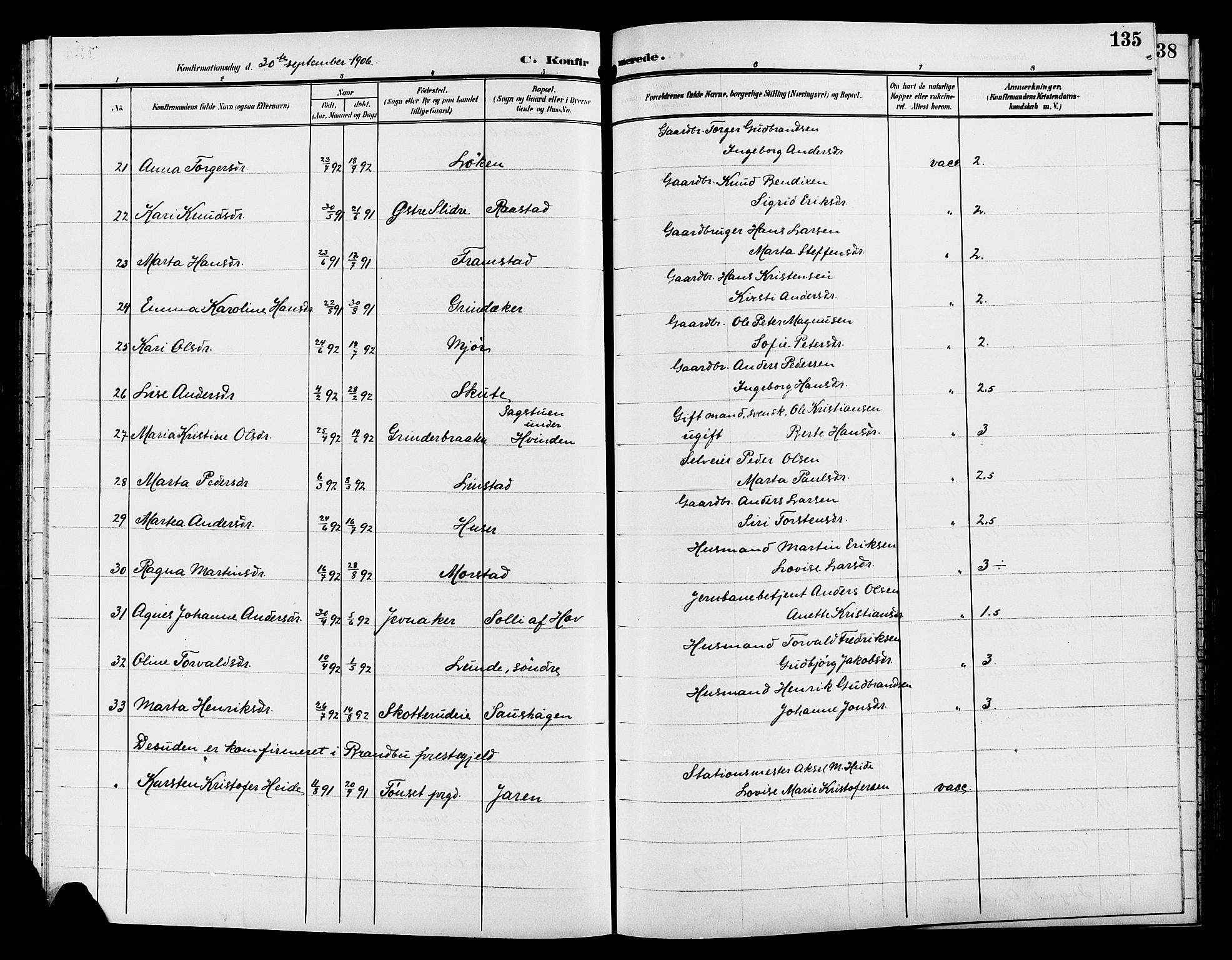 Gran prestekontor, AV/SAH-PREST-112/H/Ha/Hab/L0006: Parish register (copy) no. 6, 1901-1911, p. 135