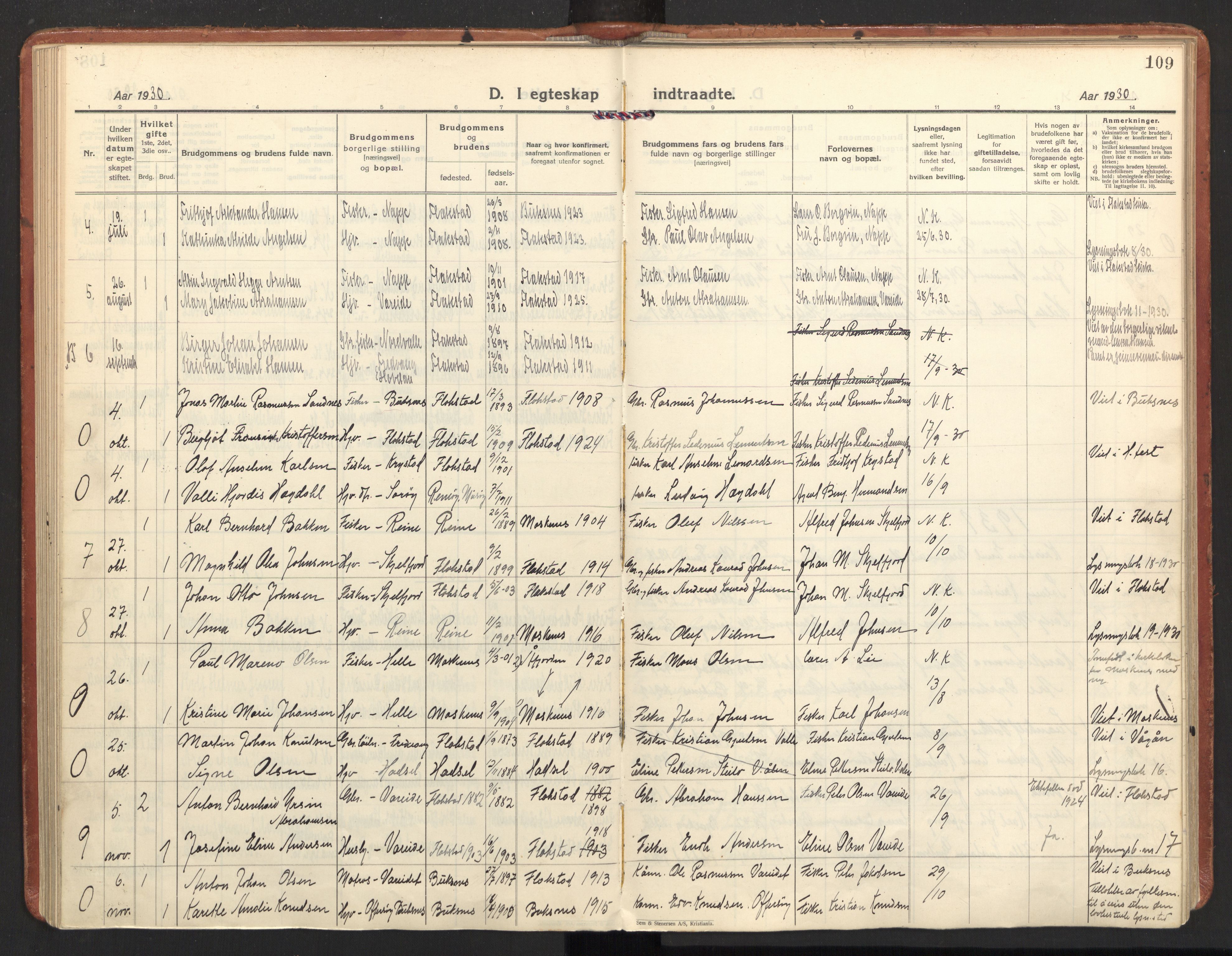 Ministerialprotokoller, klokkerbøker og fødselsregistre - Nordland, AV/SAT-A-1459/885/L1211: Parish register (official) no. 885A11, 1927-1938, p. 109