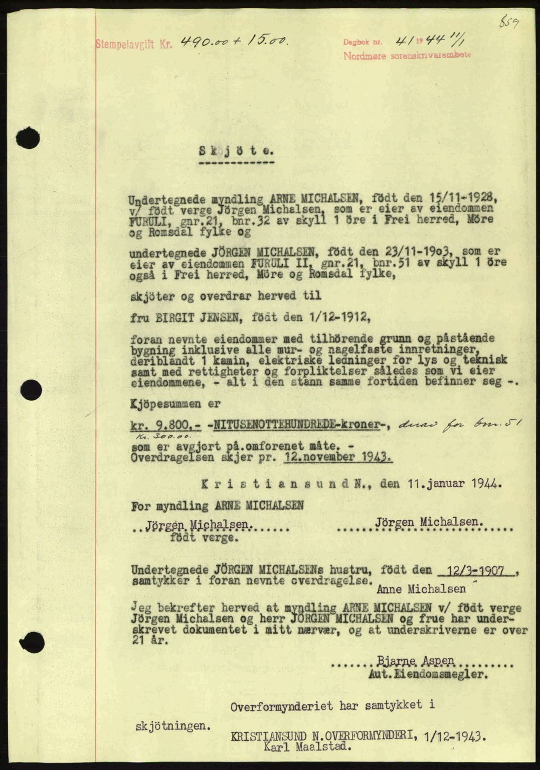 Nordmøre sorenskriveri, SAT/A-4132/1/2/2Ca: Mortgage book no. A96, 1943-1944, Diary no: : 41/1944